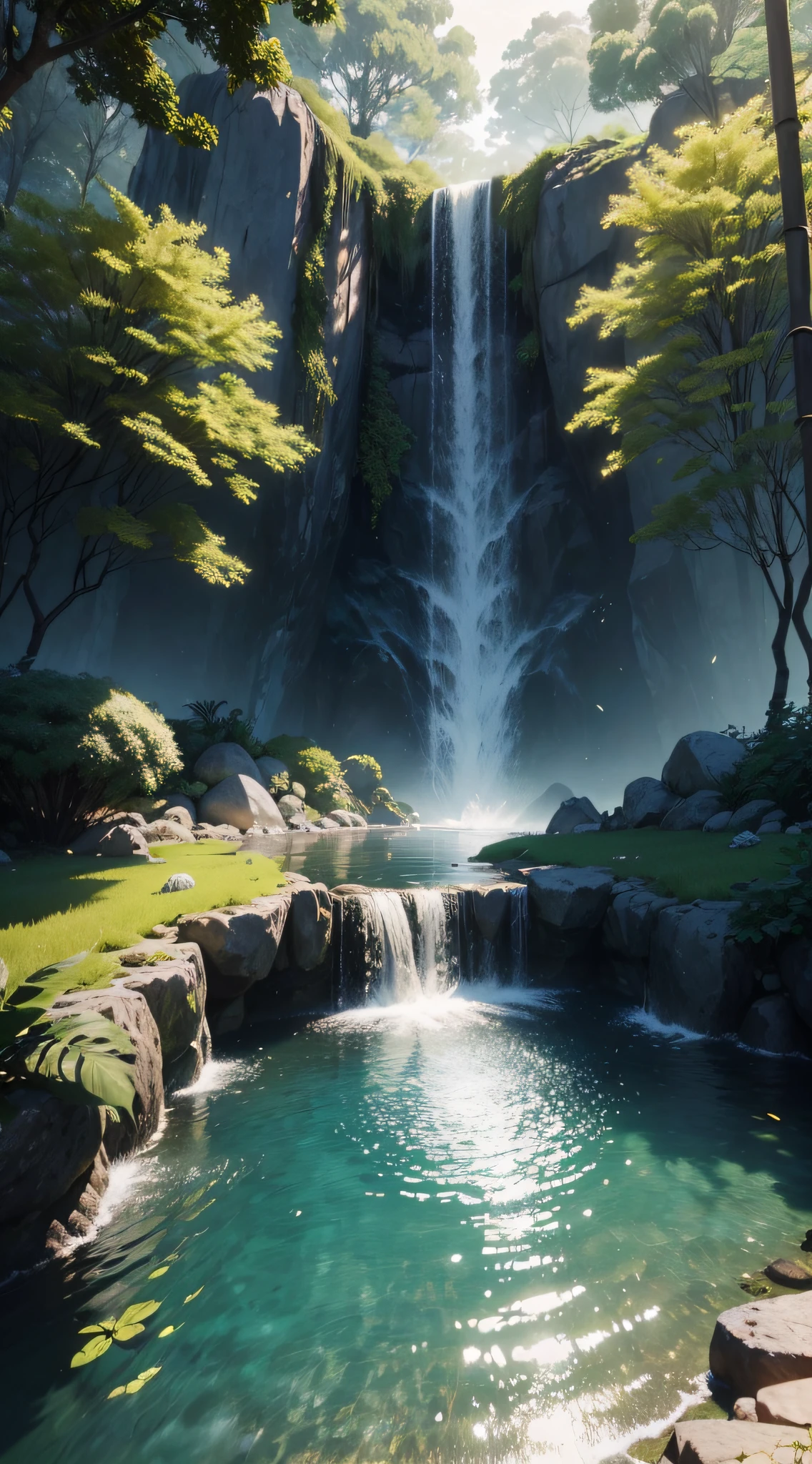 Obra-prima, melhor qualidade, por do sol (papel de parede CG 8k muito detalhado), (melhor qualidade), (best illustration), (melhores sombras), sprite brilhante, in the pool Drinking water, elementos naturais no tema da floresta . Floresta misteriosa, bela floresta, natureza, cercada por flores, folhas delicadas e galhos cercados por vaga-lumes (elementos naturais), (tema da selva), (folhas), (galhos), (vaga-lumes), (particle effects) etc. 3D , Octane renderização, ray tracing, super detalhado --v6