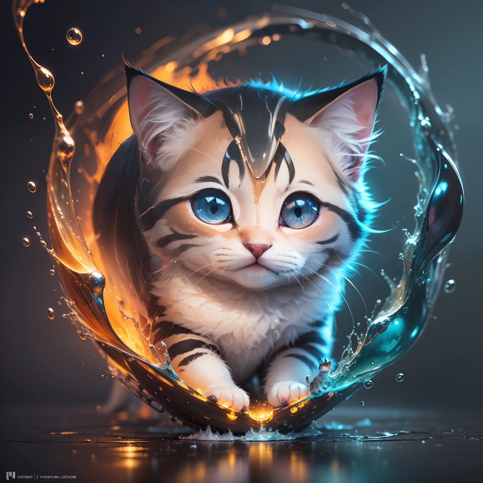 splash art, a liquid cute kitten made of colours, hyperdetailed intricately detailed, fantastical, intriciate detail, complementary colours, Fantasy, Concept Art, in 8k resolution, moon light