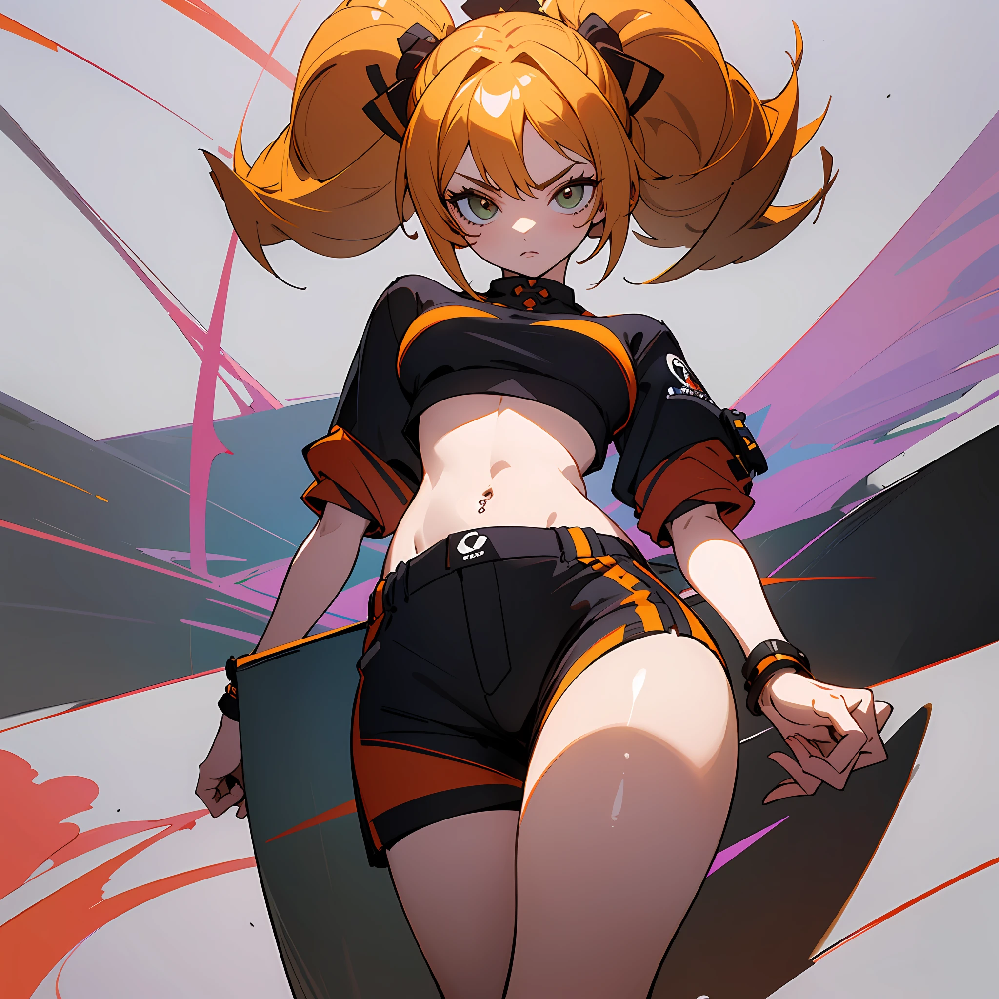 (obra-prima, melhor qualidade) detalhado, , drawing reference, reference, lineart, sketchfab, Crop tops e shorts curtos, quadris, cabelo curto, tatuagem de perna (folha de design de personagem, mesmo personagem, frente, lado, costas),