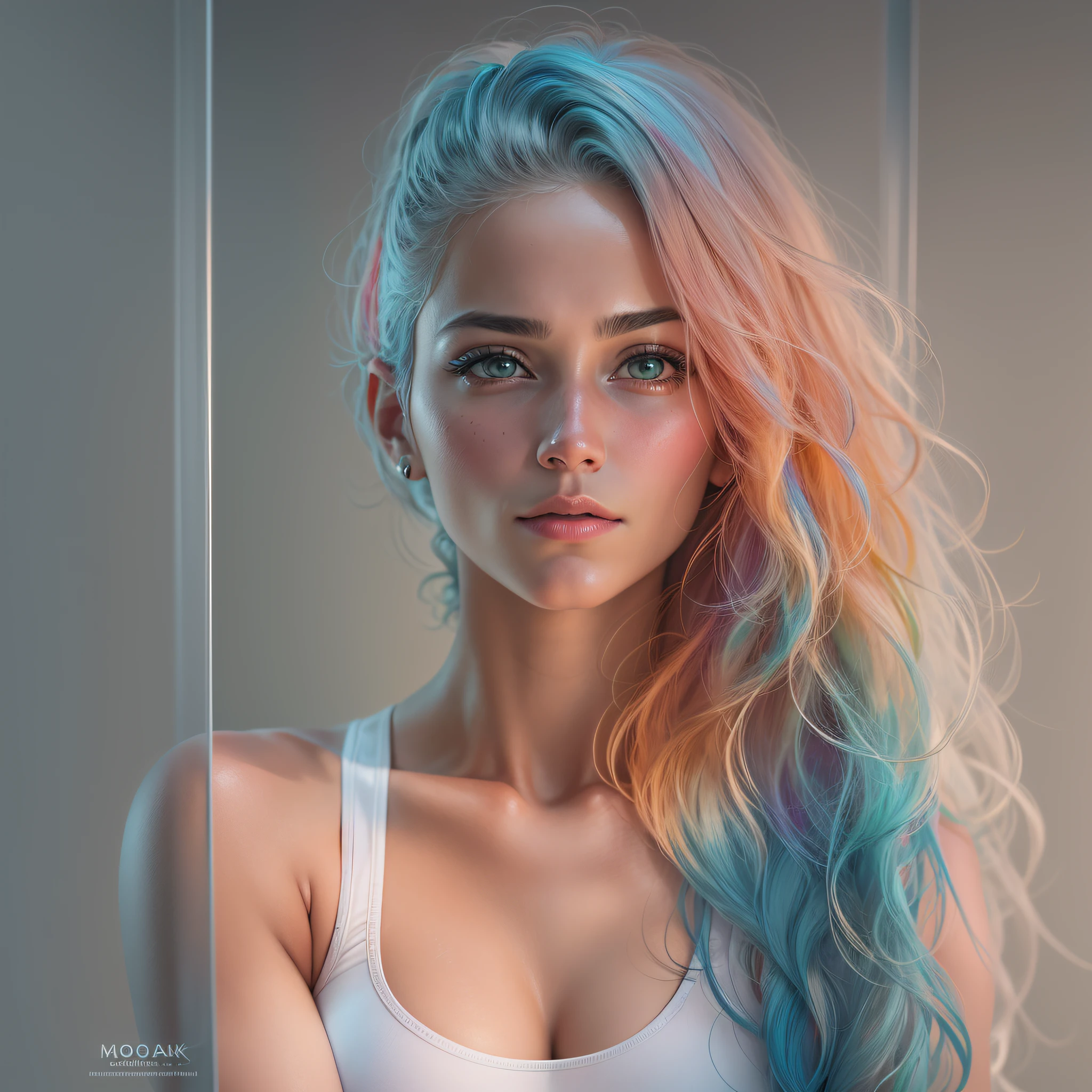 foto raw 8k, (obra-prima), (melhor qualidade: 1.0), (ultra highres: 1.0), retrato, 1 , pele molhada bonita detalhada, foco no rosto, moleca, magra, cabelo muito longo, rosto da Noruega, papel de parede 8k, (rainbow colored hair), mulher bonita, (breasts_on_glass), maquiagem, white sports bra, yoga pants, corpo inteiro, Film style.