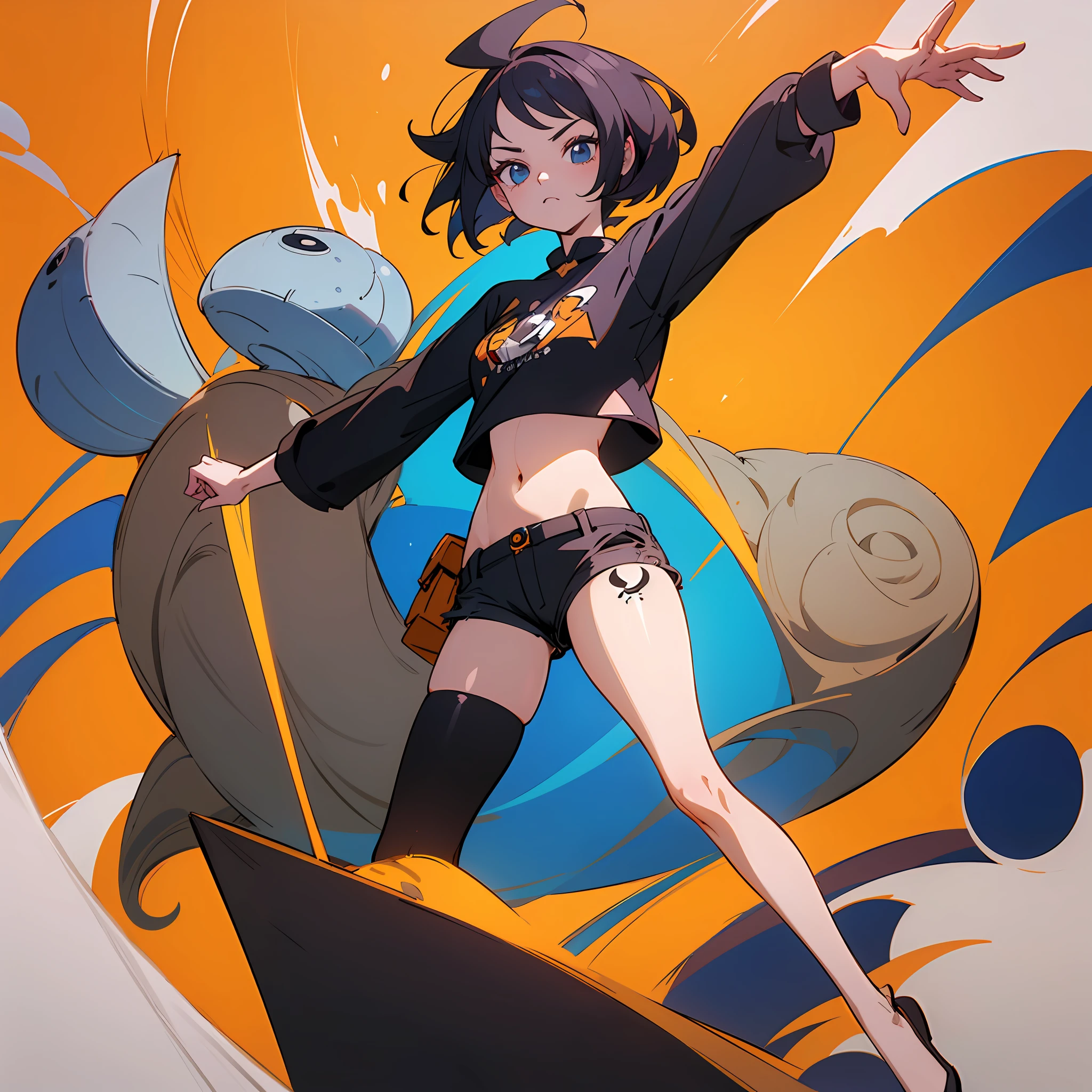 (obra-prima, melhor qualidade) detalhado, menina, drawing reference, reference, lineart, sketchfab, Crop tops e shorts curtos, quadris, cabelo curto, tatuagem de perna (folha de design de personagem, mesmo personagem, frente, lado, costas),