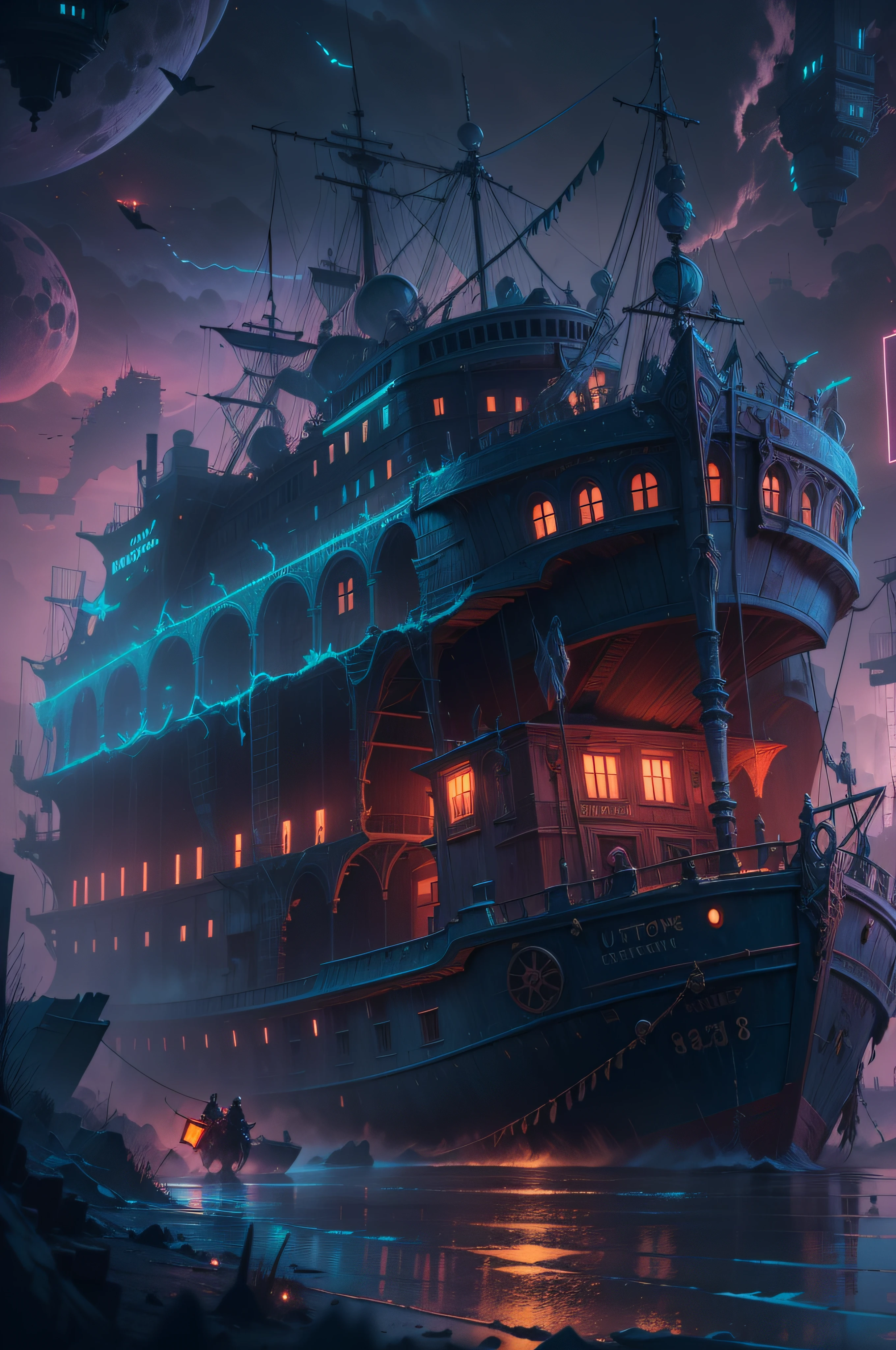 Ultra resolution 8K Illustration of a ghost ship might night, phantoms flying surround, scared, nightmare, hyper detailed, mysterious atmosphere, phantasmal figures, apocalyptic world, digital painting, fantasy, trending in artstation, cinematic lighting, surrealistic, science-fiction, ultra details, neon colors.