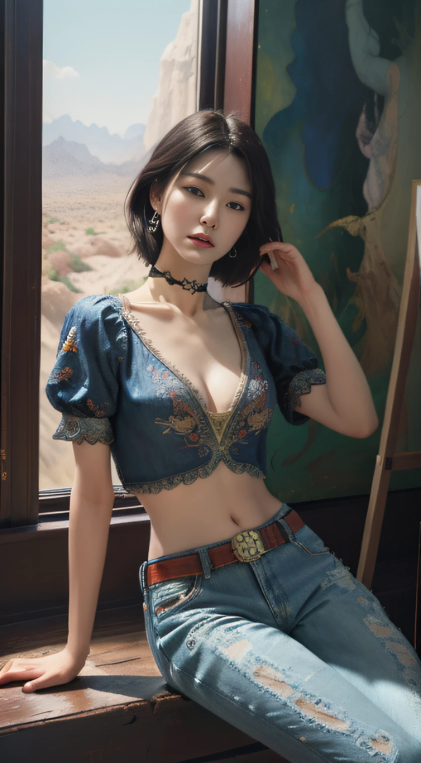 (Masterpiece, absurderes, Highly detailed:1.3), dream-state, Digital painting beauty, (Sitting, mature, Slim, Slender,) view the viewer, (Masterpiece), (Best quality:1.2), absurderes, Intricate details, skin indentation, cleavage, Huge breasts, (Highly detailed skin:1.2), (author:Alphonse Mucha Echo Chernik Megan Laura Cho Bingqiang), Sharp focus, Soft and colorful, Centered, symetry, picure, Intricate, voluminetric lighting, Beautiful, rich deep color, Ultra detailed, Digital painting, Mysterious magic, Focused, lush colors, Canon Eos 5d Mark IV and Fujifilm Superia X-TRA 400 film, (Extremely detailed oil painting:1.2), Glow effects, godrays, handpainted, Renders, 8K, rendering by octane, 4 d cinema, blender, Dark, Ultra-refined atmospheric 4K, cinematic sensual, Sharp focus, humorous illustration, great depth of field, Masterpiece, colours, 3d octane render, 4K, concept-art, trending on artstationh, Hyperrealistic, Vivid colors, Extremely detailed CG unified 8K wallpapers, trending on artstationh, trending on CGSociety, Intricate, High detail, Dramatic,1girll,Desert photography,(tee shirt),stocklings,Abdominal exudate,(denim short)(((leg loops))),Neck ring,((Wear a bracelet,choker necklace))(full bodyesbian:1.5