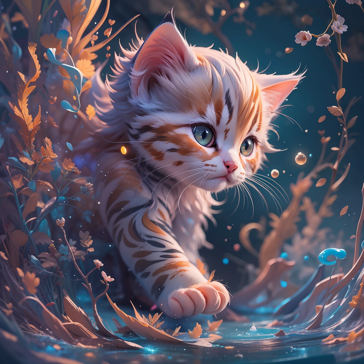 splash art, a liquid cute kitten made of colours, hyperdetailed intricately detailed, fantastical, intriciate detail, complementary colours, Fantasy, Concept Art, in 8k resolution, moonlit glow