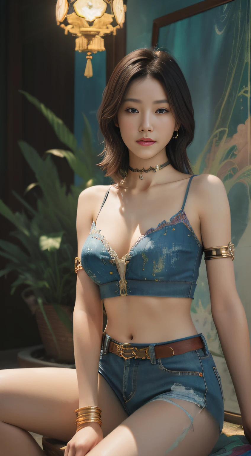 (Masterpiece, absurderes, Highly detailed:1.3), dream-state, Digital painting beauty, (Sitting, mature, Slim, Slender,) view the viewer, (Masterpiece), (Best quality:1.2), absurderes, Intricate details, skin indentation, cleavage, Huge breasts, (Highly detailed skin:1.2), (author:Alphonse Mucha Echo Chernik Megan Laura Cho Bingqiang), Sharp focus, Soft and colorful, Centered, symetry, picure, Intricate, voluminetric lighting, Beautiful, rich deep color, Ultra detailed, Digital painting, Mysterious magic, Focused, lush colors, Canon Eos 5d Mark IV and Fujifilm Superia X-TRA 400 film, (Extremely detailed oil painting:1.2), Glow effects, godrays, handpainted, Renders, 8K, rendering by octane, 4 d cinema, blender, Dark, Ultra-refined atmospheric 4K, cinematic sensual, Sharp focus, humorous illustration, great depth of field, Masterpiece, colours, 3d octane render, 4K, concept-art, trending on artstationh, Hyperrealistic, Vivid colors, Extremely detailed CG unified 8K wallpapers, trending on artstationh, trending on CGSociety, Intricate, High detail, Dramatic,1girll,Desert photography,(tee shirt),stocklings,Abdominal exudate,(denim short)(((leg loops))),Neck ring,((Wear a bracelet,choker necklace))(full bodyesbian:1.5