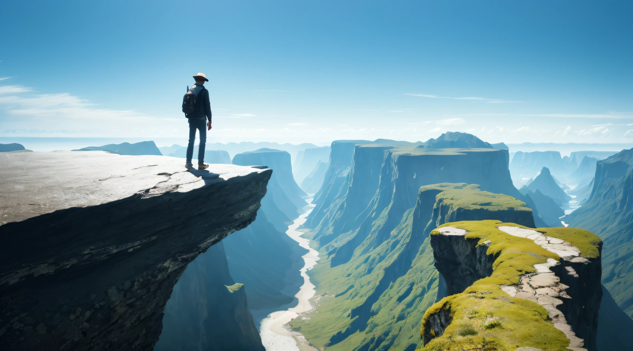 A person standing on the edge of an abyss, atravessando por uma corda que leva ao outro lado do abismo, where there is a treasure shines brightly, super realista.