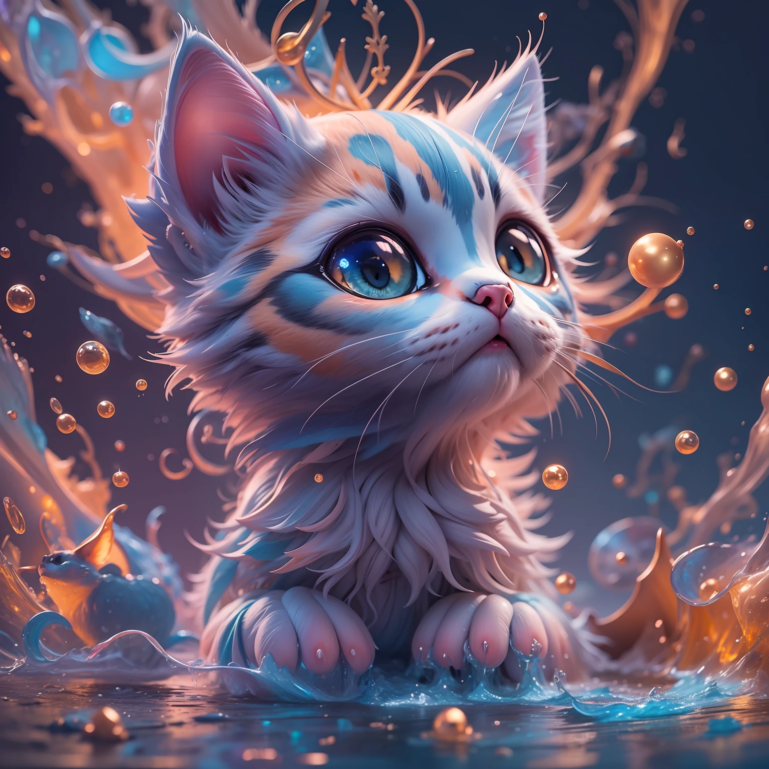 splash art, a liquid cute kitten made of colours, hyperdetailed intricately detailed, fantastical, intriciate detail, complementary colours, Fantasy, Concept Art, in 8k resolution, moonlit glow