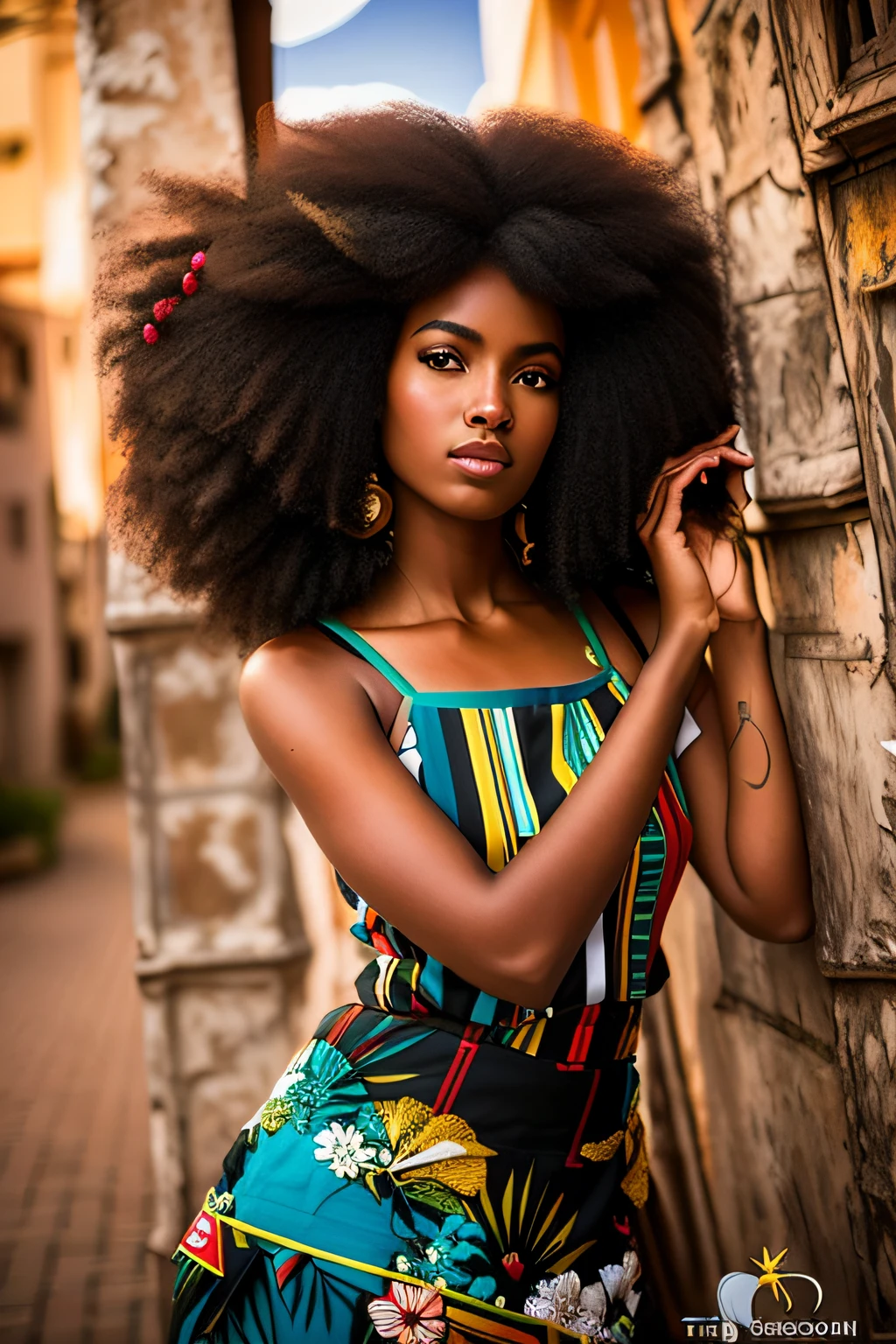 There is a woman with a very large afro posing for a photo, Princesa africana deslumbrante, com afro, Maria Borges, cabelos afro longos, beleza estonteante, samurai bonito com afro, modelo bonito, mulher linda, Princesa negra africana, com cabelo e pele texturizados, linda senhora, afro, mulher jovem negra, foto(extremamente detalhado CG unidade de papel de parede 8k), foto da obra de arte mais bonita do mundo, majestoso profissional (fotografia de Steve McCurry), 8k uhd, dslr, soft-lighting, alta qualidade, grain of film, Fujifilm XT3 sharp focus, f 5.6, Alto detalhe,  foco nítido,