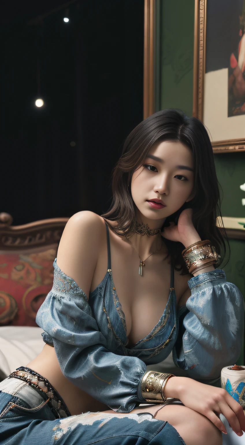 (Masterpiece, absurderes, Highly detailed:1.3), dream-state, Digital painting beauty, (Sitting, mature, Slim, Slender,) view the viewer, (Masterpiece), (Best quality:1.2), absurderes, Intricate details, skin indentation, cleavage, Huge breasts, (Highly detailed skin:1.2), (author:Alphonse Mucha Echo Chernik Megan Laura Cho Bingqiang), Sharp focus, Soft and colorful, Centered, symetry, picure, Intricate, voluminetric lighting, Beautiful, rich deep color, Ultra detailed, Digital painting, Mysterious magic, Focused, lush colors, Canon Eos 5d Mark IV and Fujifilm Superia X-TRA 400 film, (Extremely detailed oil painting:1.2), Glow effects, godrays, handpainted, Renders, 8K, rendering by octane, 4 d cinema, blender, Dark, Ultra-refined atmospheric 4K, cinematic sensual, Sharp focus, humorous illustration, great depth of field, Masterpiece, colours, 3d octane render, 4K, concept-art, trending on artstationh, Hyperrealistic, Vivid colors, Extremely detailed CG unified 8K wallpapers, trending on artstationh, trending on CGSociety, Intricate, High detail, Dramatic,1girll,Indoor photography,Lie down in bed,bird's eyes view,(tee shirt),stocklings,Abdominal exudate,(denim short)(((leg loops))),Neck ring,((Wear a bracelet,choker necklace))(full bodyesbian:1.5