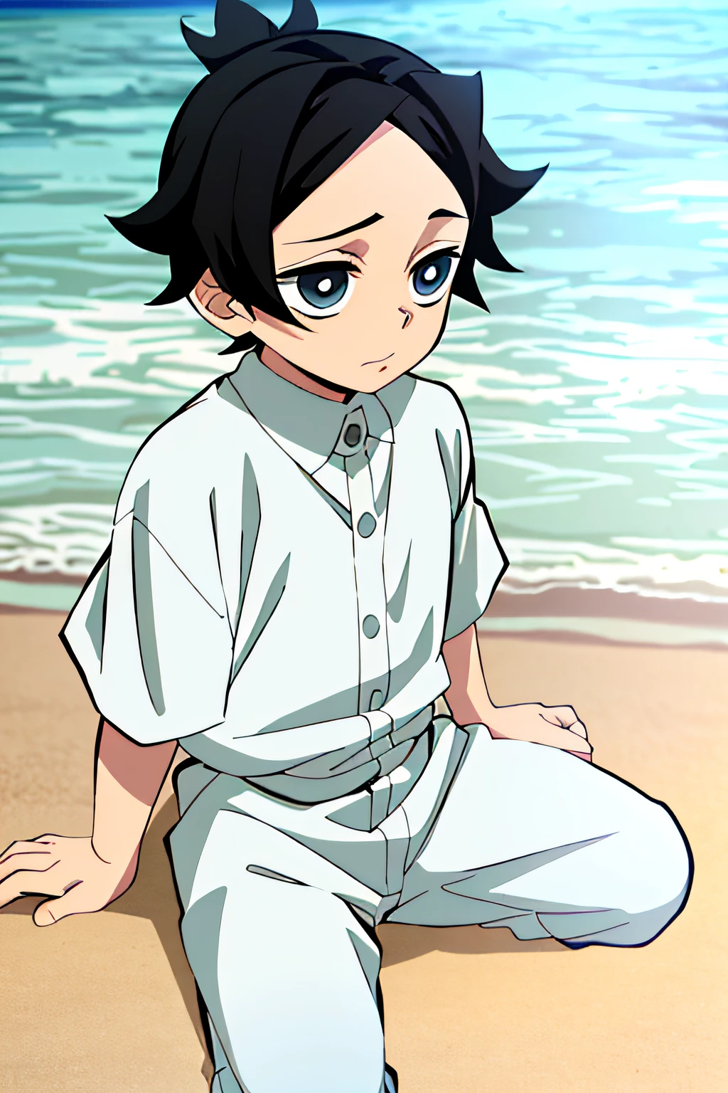 kimetsu no yaiba style, little boy, playing on the beach, black hair, white shirt, anime coloring, ((masterpiece))