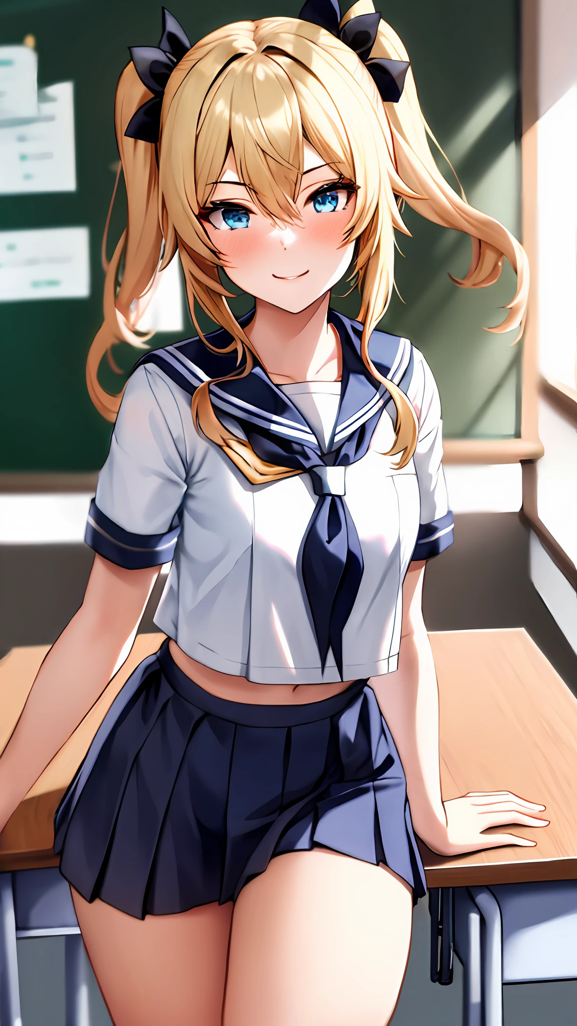 Jean, genshin impact, 1girl, solo, blue eyes, blonde hair, (twintail), smile,  ((masterpiece)), highres, best quality, sailor uniform, serafuku, pleated skirt, face at viewer, look at viewer, school, indoor, desk, chair, classroom, stocking, blush, shy, sexy pose, short sleeve, blush, sexy pose, cowboy shot,