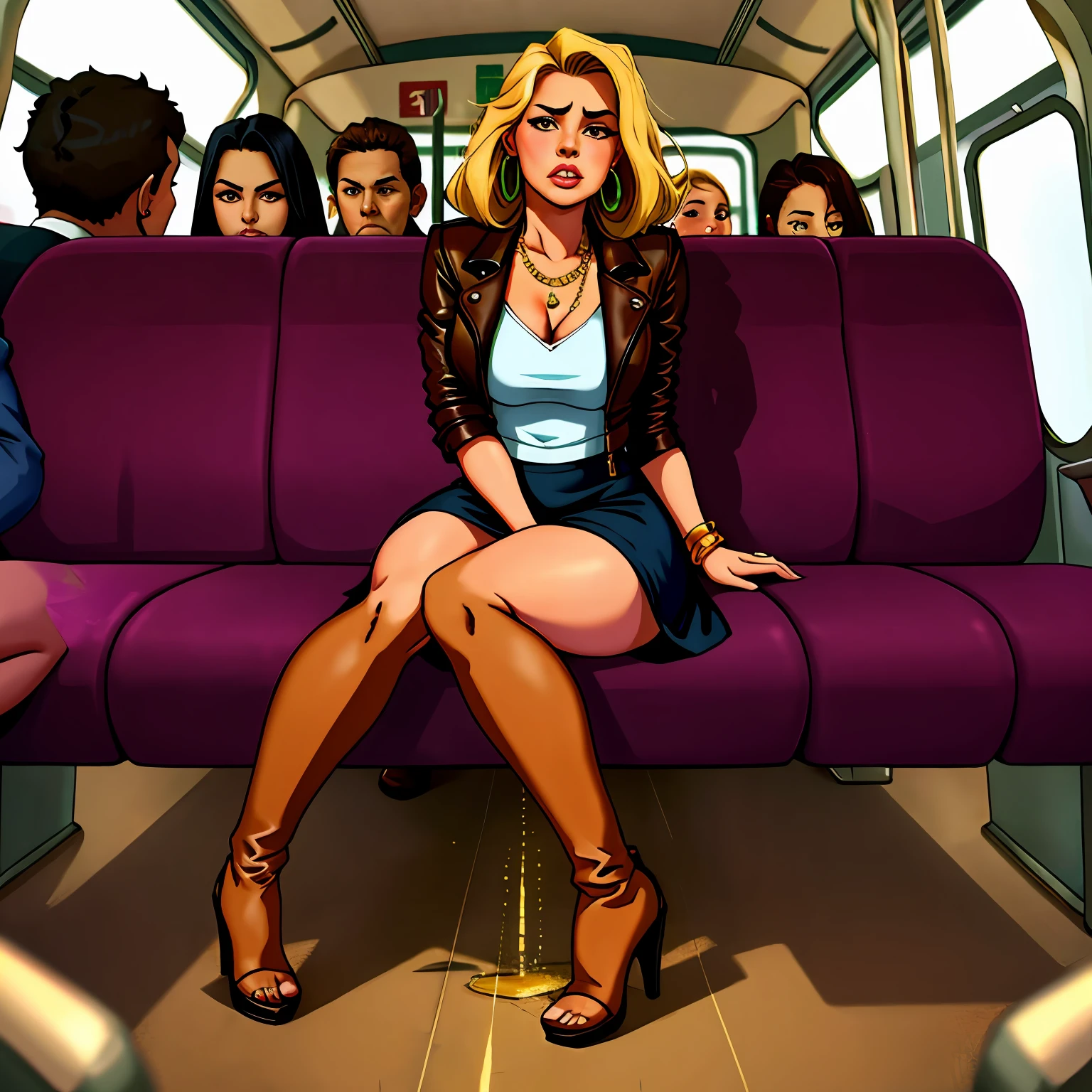 tanned Brazilian woman, Two girls, ganguro girl, prostitute, Girlfriends, A full body shot, muscular legs, muscular calves, Strong legs, muscular hips, wide thighs, Curvy hips, high-heeled sandals, tights in a net, mid-thigh boots, short jumper dress, leather jacket, large ring earrings, He really wants to pee, rides on the bus, sitting, Coming soon, wants to pee, desperately wants to pee, wants to urinate, Cross-legged, An expression of shame on his face, confusion, Desperation on the face, crying, holding on to his stomach, crumples the hem of the skirt with his hands, Knees clenched together, Clenched hips, An expression of shame on his face, confusion, bites his lower lip, full bladder, terribly wants to go to the toilet, anatomically correct, realisti, side glance