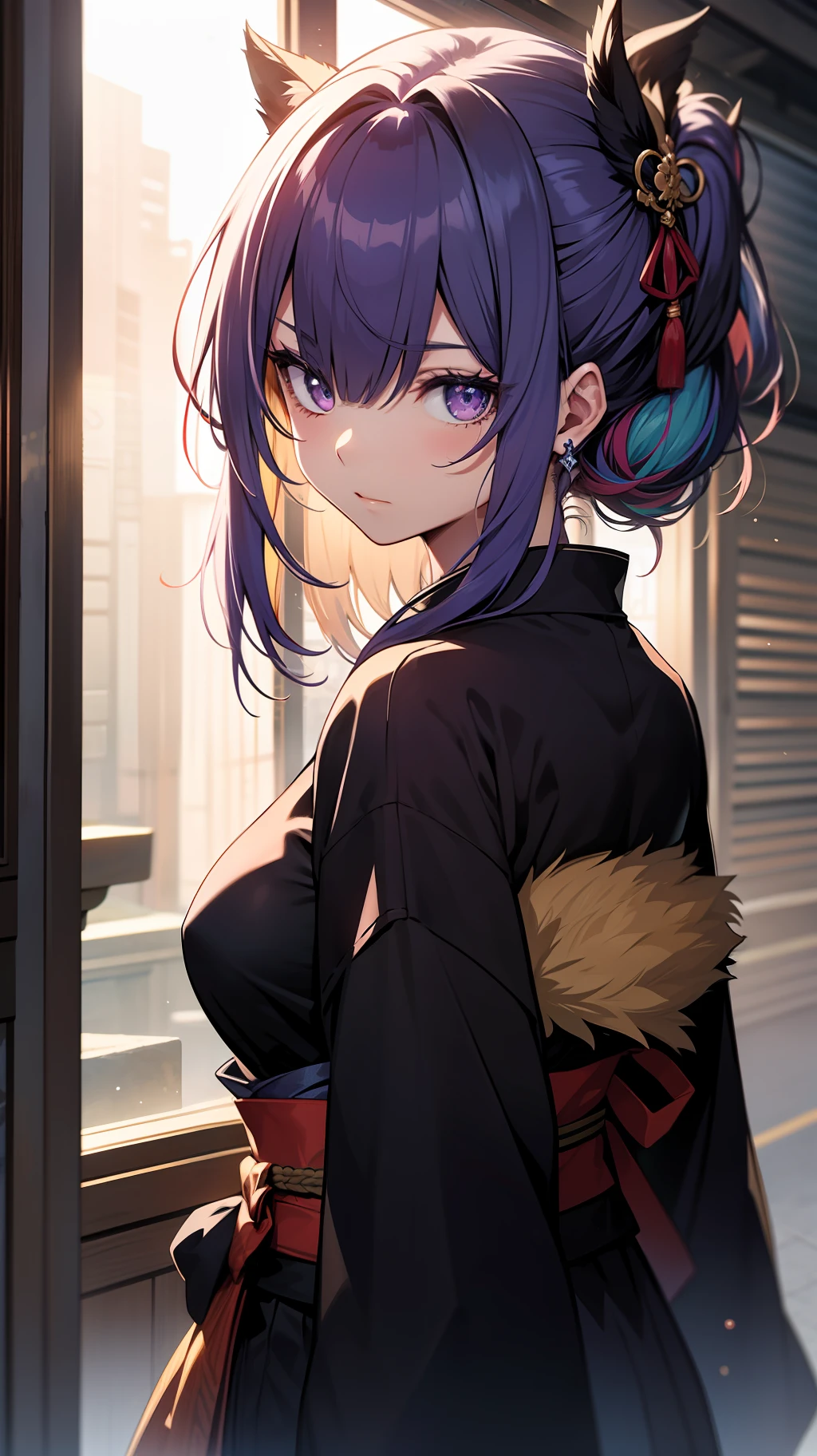 (tmasterpiece,The light from the back window is backlighted,Fine beautiful eyes:1.2),(illustratio:1.2),1girll,独奏,(Raiden general:1.4),multicolored hair,Purple eye,By bangs,pigtails,braidedponytail,nedium breasts,hair adornments,Japanese clothes,komono,obi strip,Red belt,upper legs,Close-up of the eyes,