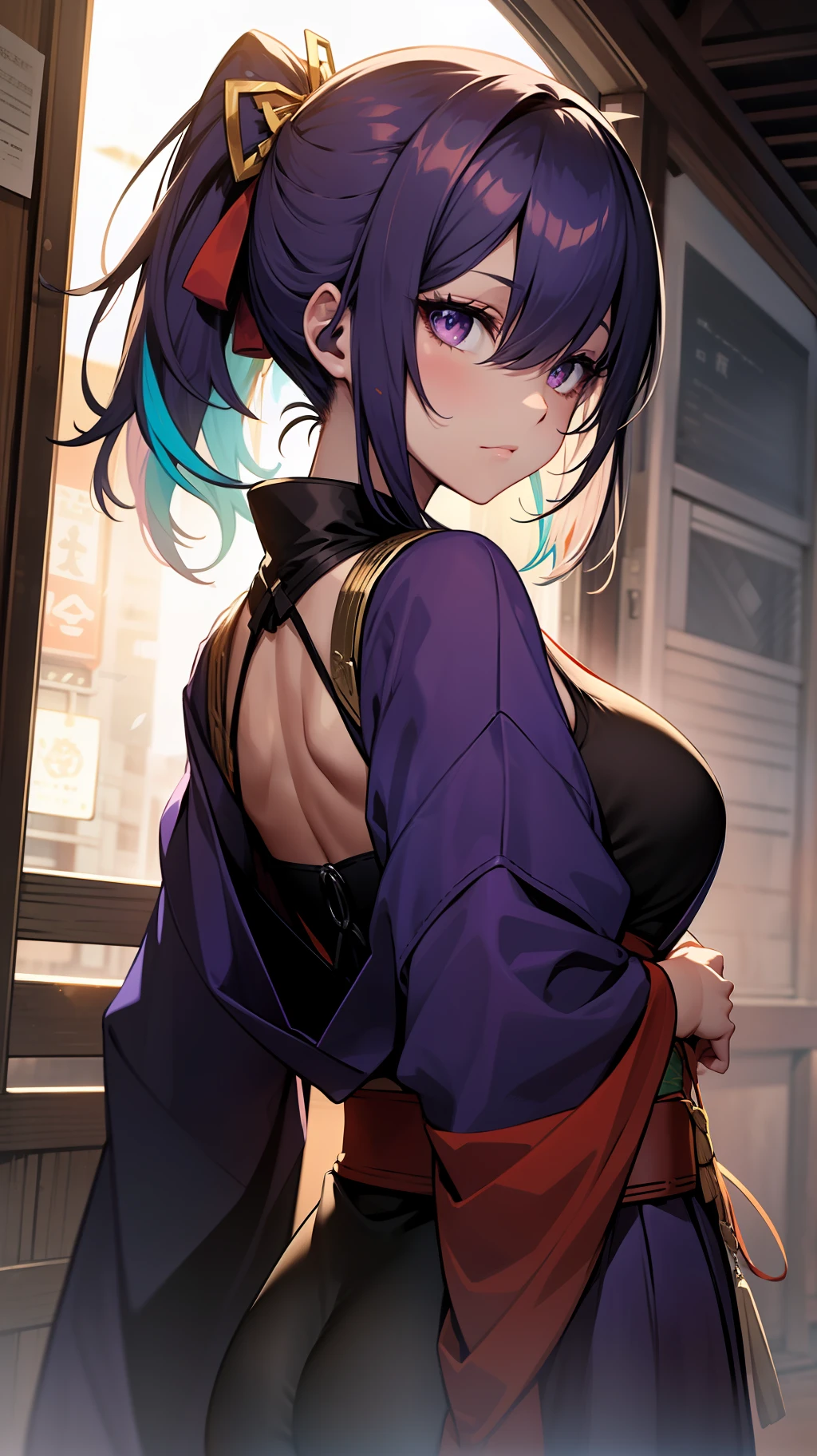 （tmasterpiece，The light from the back window is backlighted，Fine beautiful eyes：1.2），（illustratio：1.2），1girll，独奏，（Raiden general：1.4），multicolored hair，Purple eye，By bangs，pigtails，braidedponytail，nedium breasts，hair adornments，Japanese clothes，komono，obi strip，Red belt，upper legs，Close-up of the eyes，