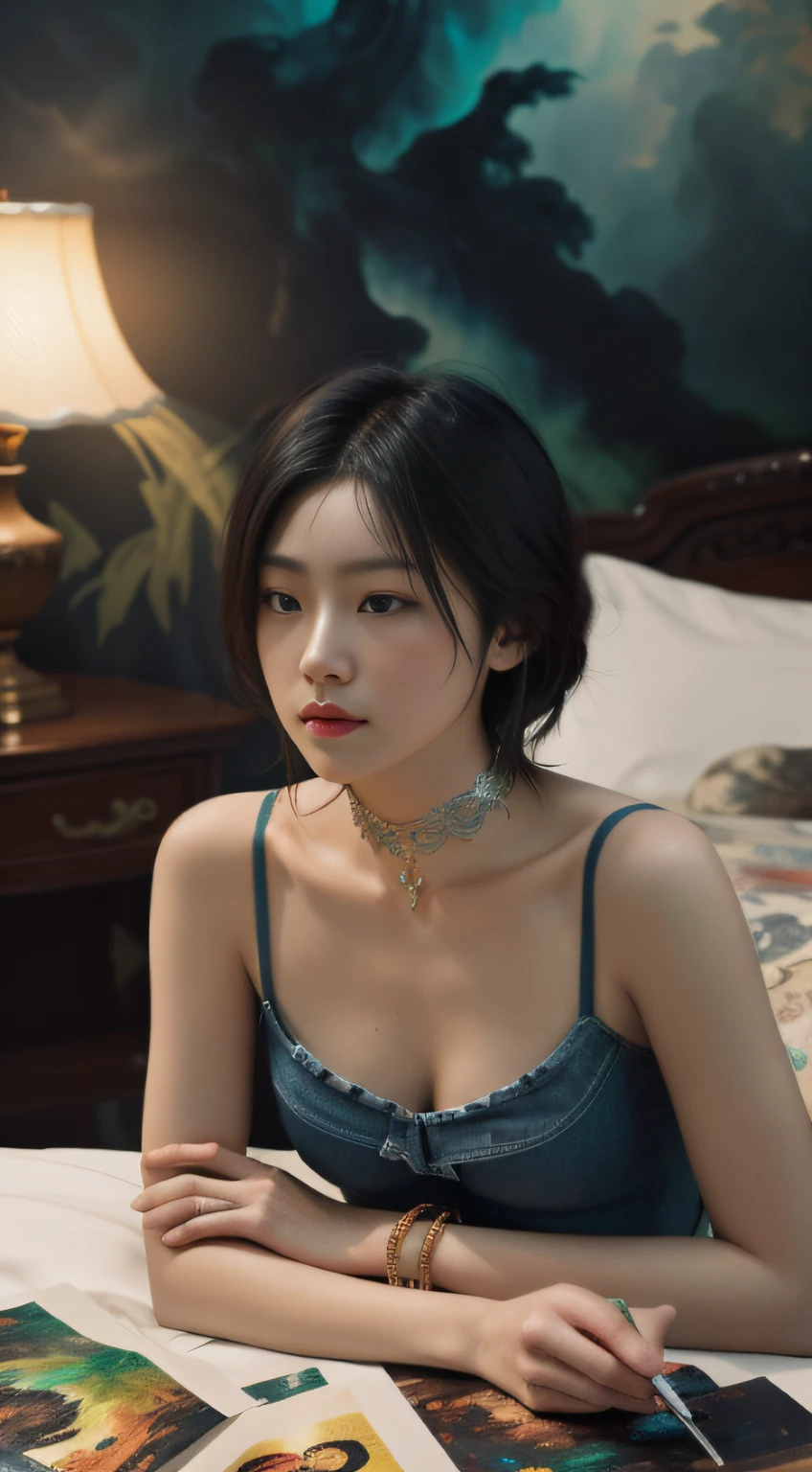 (Masterpiece, absurderes, Highly detailed:1.3), dream-state, Digital painting beauty, (Sitting, mature, Slim, Slender,) view the viewer, (Masterpiece), (Best quality:1.2), absurderes, Intricate details, skin indentation, cleavage, Huge breasts, (Highly detailed skin:1.2), (author:Alphonse Mucha Echo Chernik Megan Laura Cho Bingqiang), Sharp focus, Soft and colorful, Centered, symetry, picure, Intricate, voluminetric lighting, Beautiful, rich deep color, Ultra detailed, Digital painting, Mysterious magic, Focused, lush colors, Canon Eos 5d Mark IV and Fujifilm Superia X-TRA 400 film, (Extremely detailed oil painting:1.2), Glow effects, godrays, handpainted, Renders, 8K, rendering by octane, 4 d cinema, blender, Dark, Ultra-refined atmospheric 4K, cinematic sensual, Sharp focus, humorous illustration, great depth of field, Masterpiece, colours, 3d octane render, 4K, concept-art, trending on artstationh, Hyperrealistic, Vivid colors, Extremely detailed CG unified 8K wallpapers, trending on artstationh, trending on CGSociety, Intricate, High detail, Dramatic,1girll,Indoor photography,Lie down in bed,bird's eyes view,(tee shirt),stocklings,Abdominal exudate,(denim short)(((leg loops))),Neck ring,((Wear a bracelet,choker necklace))(full bodyesbian:1.5