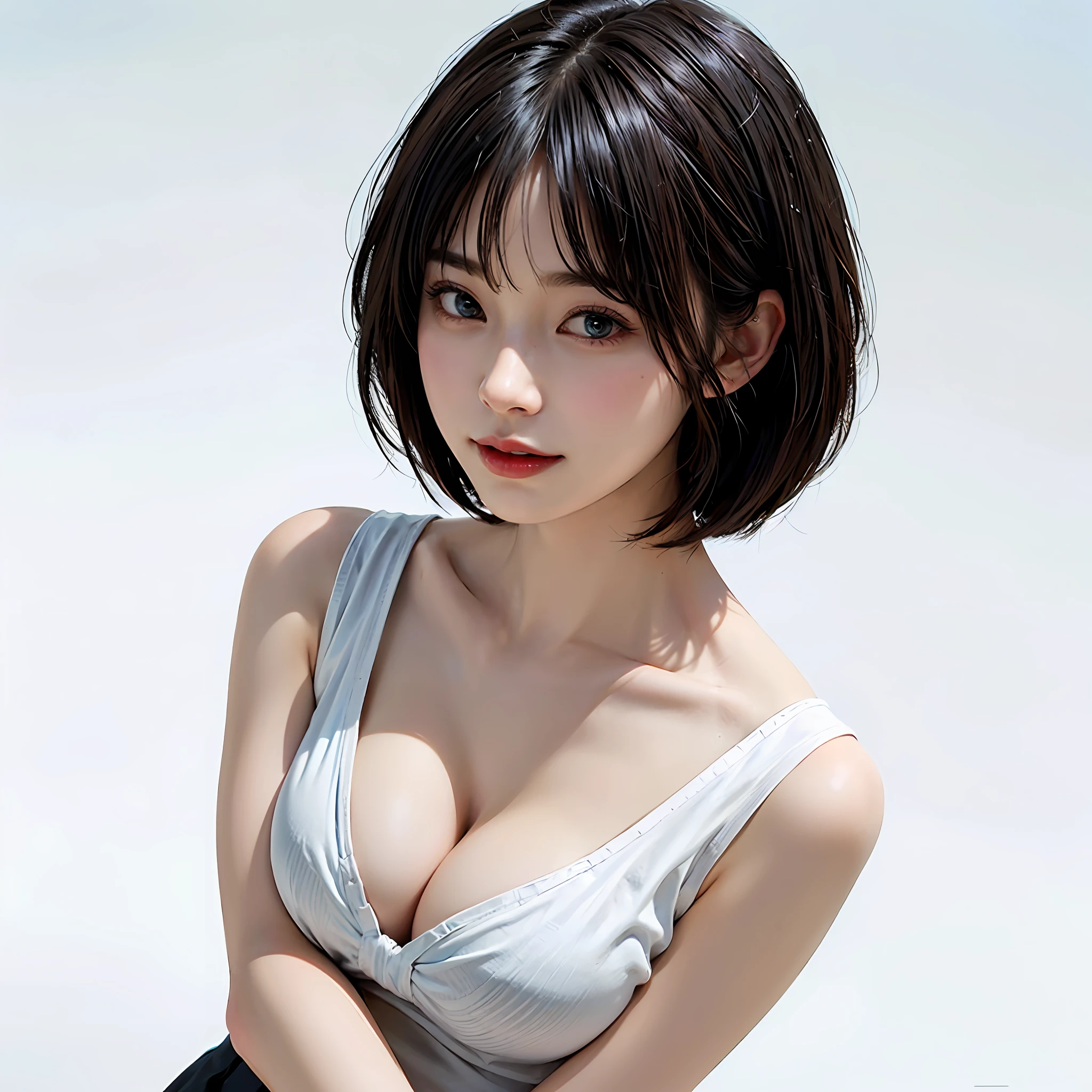 ((Immaculate white background with nothing really、short hair with clean 46-point bangs,,,,,,,Shorthair、Look firmly at the camera))、masterpiece、masterpiece、top-quality、top-quality、realisitic、Unity、8k wallpaper、Official art、Highly detailed CG Unity 8K wallpapers、ulzzang-6500、(Original: 1.2)、(realisitic: 1.4)、ultra-detailliert、hight resolution、ultra-detailliert,splendid, finely detail,teats、Lightly open your mouth、(Random color micro bikini)、shorth hair、 lighting like a movie,, (real looking skin:1.2), (de pele branca:1.2),(very Bigger breasts), Beautiful Girl Beautiful Details、Highly detailed eyes and highly detailed face、Eyes with beautiful details、huge filesize、ultra detailed and beautiful、Brown eyes、model shoot tyle、full body photographed、Professional Lighting、(Tiny red micro bikini、big breasts thin waist)、耳Nipple Ring、(A pure white room with really nothing)、Pose Seductive、huge-breasted、Seductive look、Big Areola、Beautiful areola、Black hair、Very ridiculous、Ridiculous、smiling slightly、Close your mouth and smile、Two people facing each other and hugging happily、Two people hugging each other happily、Two people hugging each other tightly、Two people put their cheeks together、Two people touching cheeks with cheeks、Both of them are staring at the camera slightly above、Look firmly at the camera、Lesbian couple、Lily couple、((Bring your cheeks together、30-years old、Both supermodels are 190cm tall、high-angle、Look up at the camera at the top))、Two pretty and pretty girls、masterpiece、top-quality、realisticlying、realisitic、Seductive bright smile、Both of them have short clean hair with bangs、bangss、bangss、Both have short hair、clean hair with bangs、Short sleeve white shirt with collar、White shirt with collar、(Plaid pleated skirt)、enticing eyes、Both have very large breasts、very Bigger breasts、Big ass、big breasts thin waist、(cleavage of the breast)、(Immaculate white background with nothing really)、ighly detailed、Very tall、neck long、the neck is long、Straighten your back