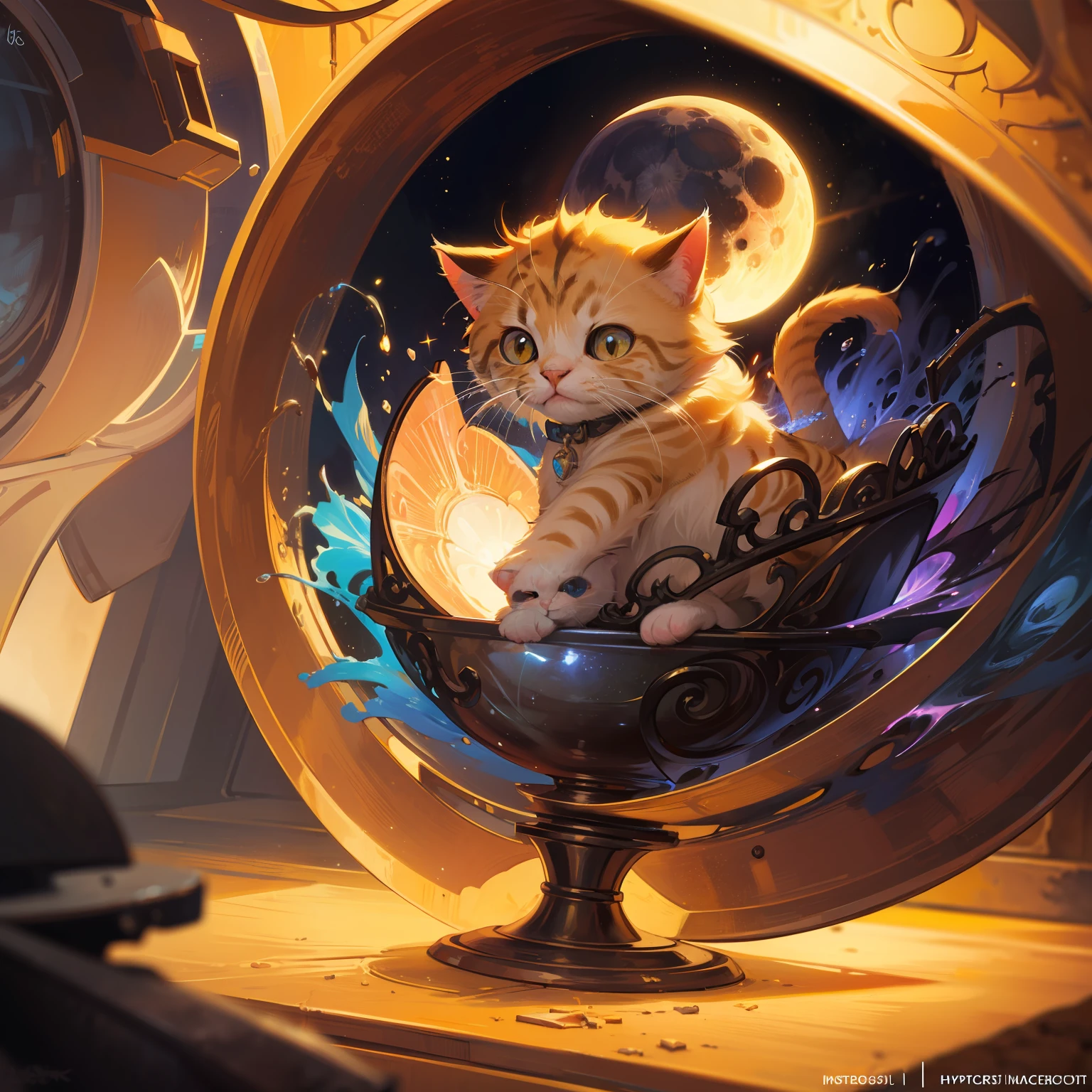 a liquid cute kitten made of colours, hyperdetailed intricately detailed, fantastical, intriciate detail, complementary colours, Fantasy, Concept Art, in 8k resolution, moonlit glow