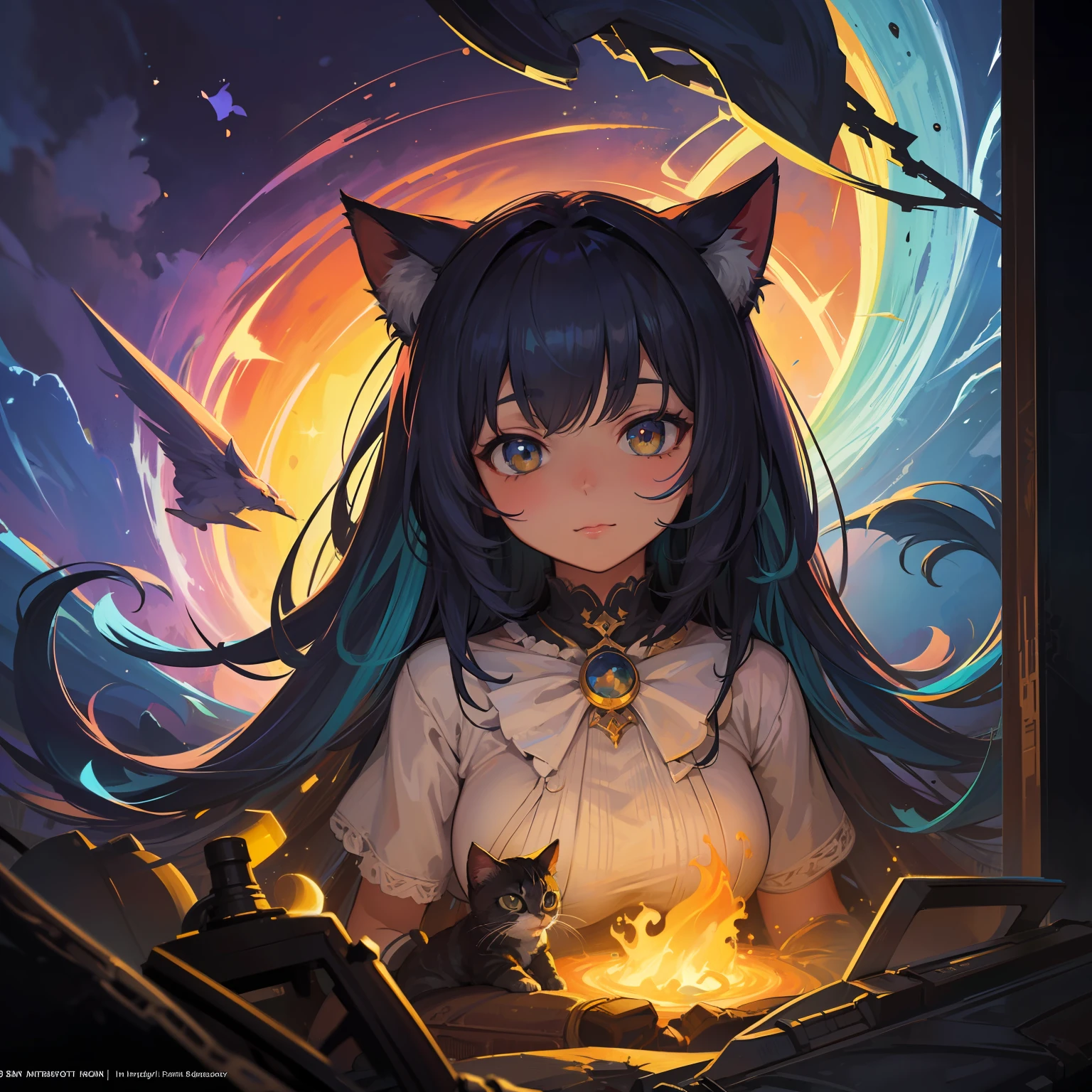 a liquid cute kitten made of colours, hyperdetailed intricately detailed, fantastical, intriciate detail, complementary colours, Fantasy, Concept Art, in 8k resolution, moonlit glow