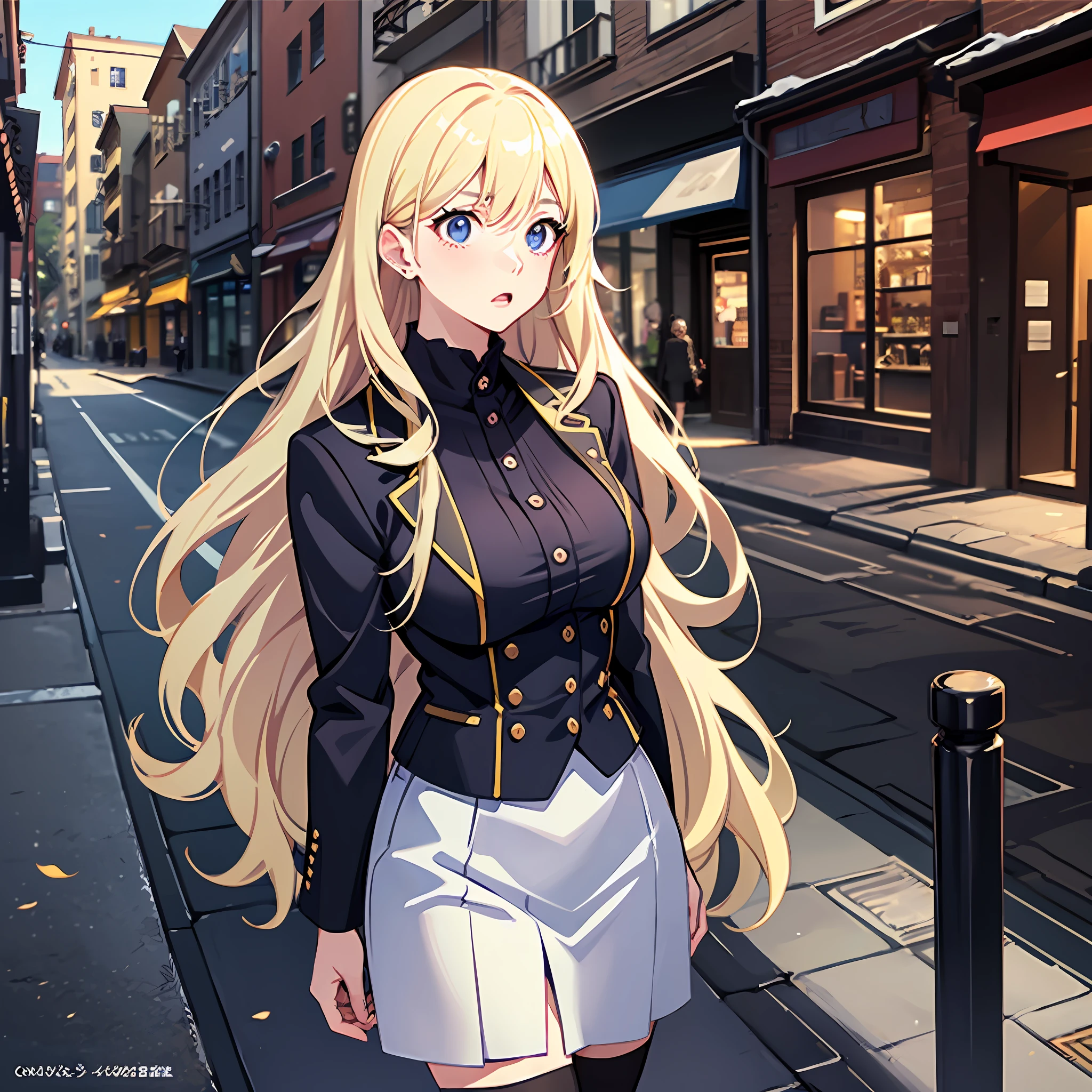 1 mature woman,(Long fluffy blonde hair:1.6),Business suit,Skirt that wraps hips,black long socks,Mature and beautiful,In quaint streets,Behind you are shops,(is shocked:2),shock,having fun,(surprise:1.6),parted lips,surprised,incredulous,looking at viewert,Ultra-detailed CG,Exquisite facial features,Clear facial expressions,Detailed digital anime art,Digital anime art,High quality anime art style