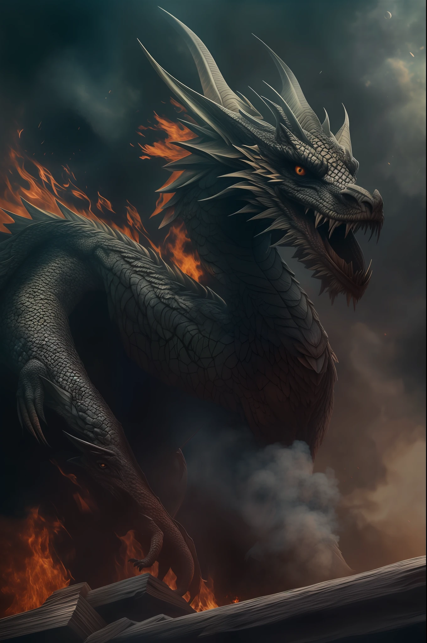 The best picture quality, masterpiece, dark magic style, dark color, surrounded by smoke, the magic dragon soars in the sky, sprays fireballs, the world is in ruins, showing its supreme power, ((photorealistic:1.5 )), (photorealism:1.5 ), (8k, raw photo, highest quality, masterpiece), high detail raw color photo professional photo, realistic, (highest quality), (best shadow), ultrahigh resolution, photo, masterpiece, realistic, realism, high contrast, 8k hd high definition detailed realistic, detailed, hyperdetailed, best quality, f lens, rich colors, dramatic lighting, (cinestill 800)