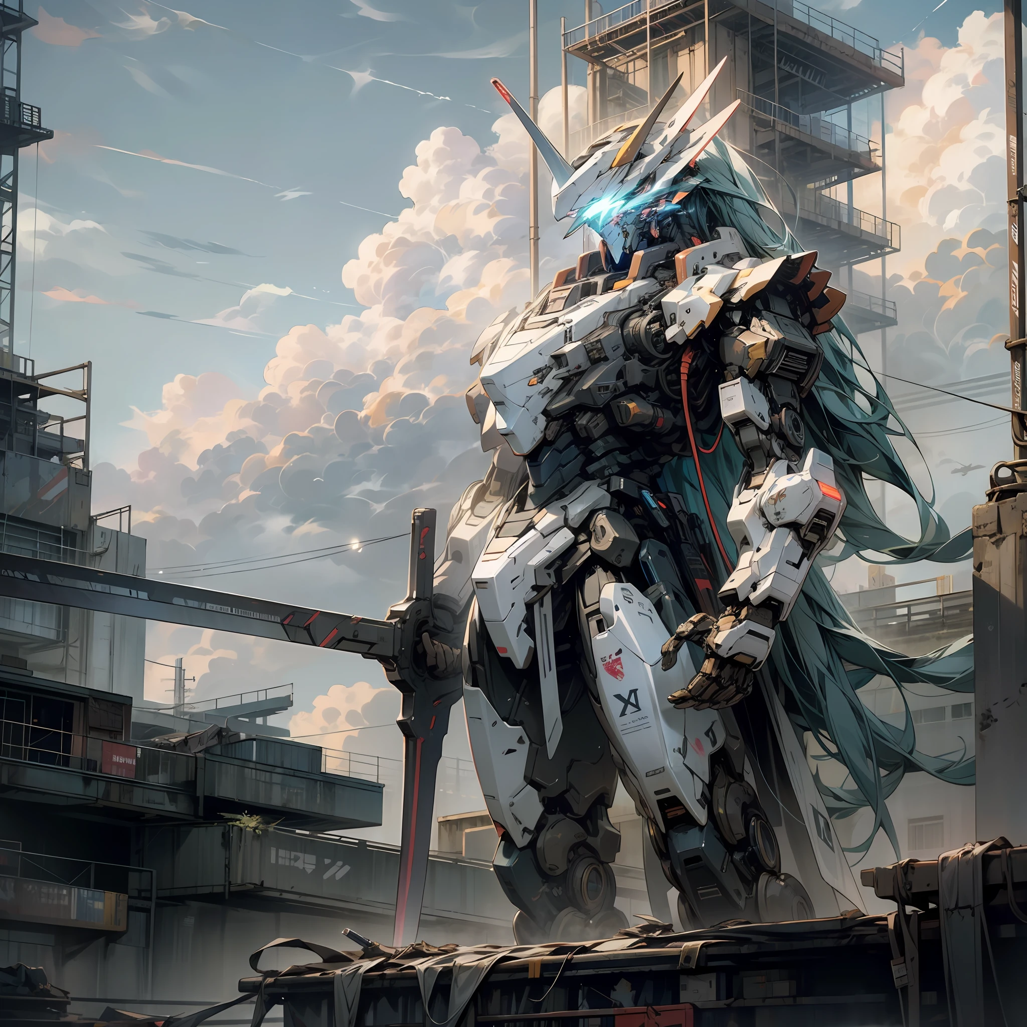 sky, clouds, holding_weapon, no_humans, glowing, a man standing on top of a building, his back to the viewer, looking into the distance, giant robot, building, ruins, glowing_eyes, mecha, science fiction, city, reality, mecha