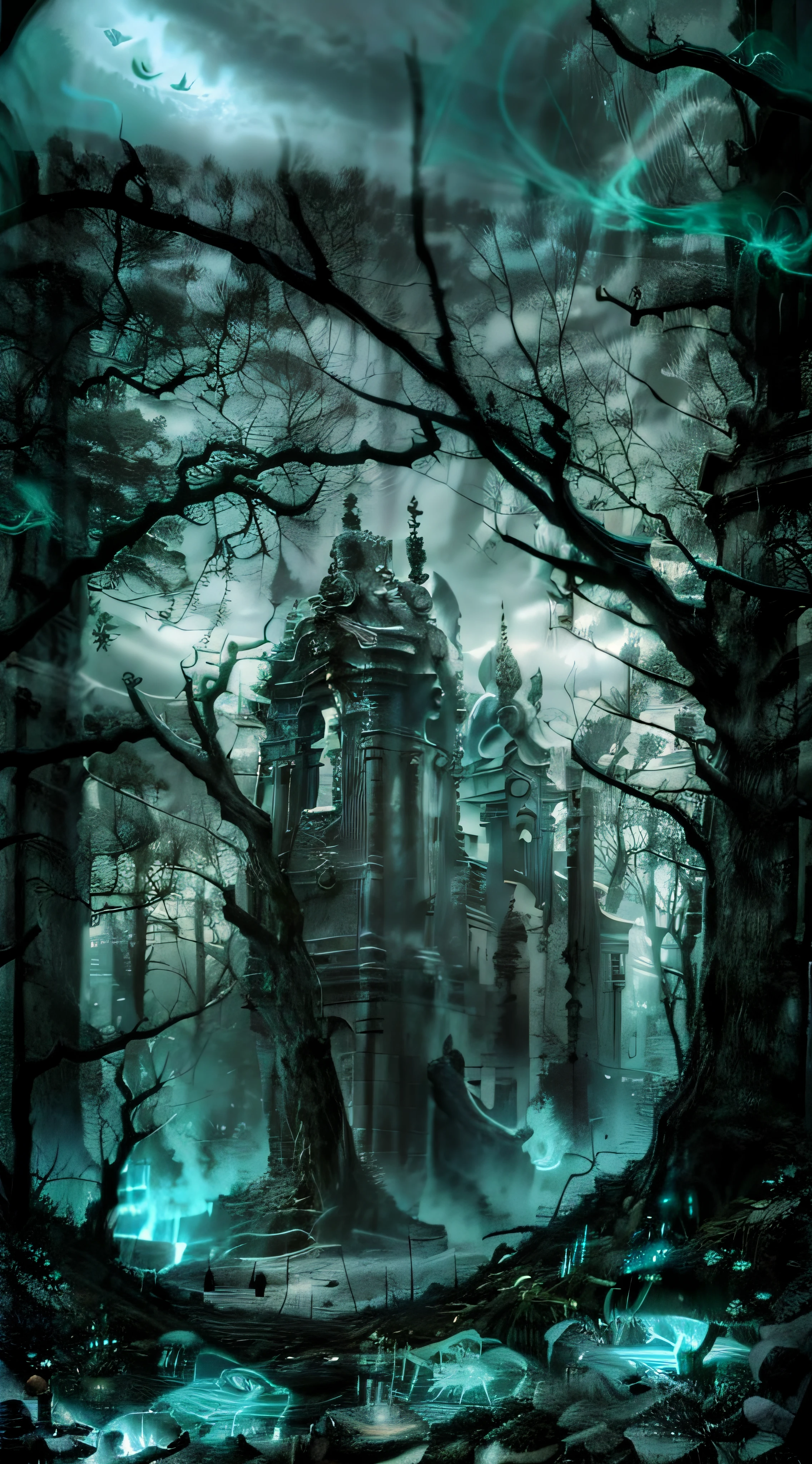 Sherlock Holmes, masutepiece, photographic quality, Ultra-precise, torii gate, Prohibited Places for Japan, Dark forest where evil spirits appear, deep in a dimly lit forest, Forbidden place, Cursed places, Power Spot, Ancestral era々The Age of々Temple of, marsh, Deep forest, Pitch Black Forest, the woods, mosses, ivy, Scary, Horror movie, Horror movie lighting, Spooky light source, Worship evil spirits,