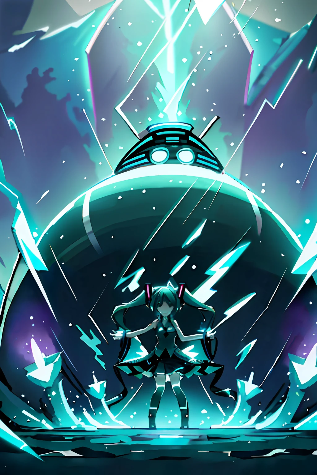 Solo, Standing, masutepiece, Best Quality, Hatsune Miku, large full breasts, A slight smile, LightningMagicAI, 1teens girl,