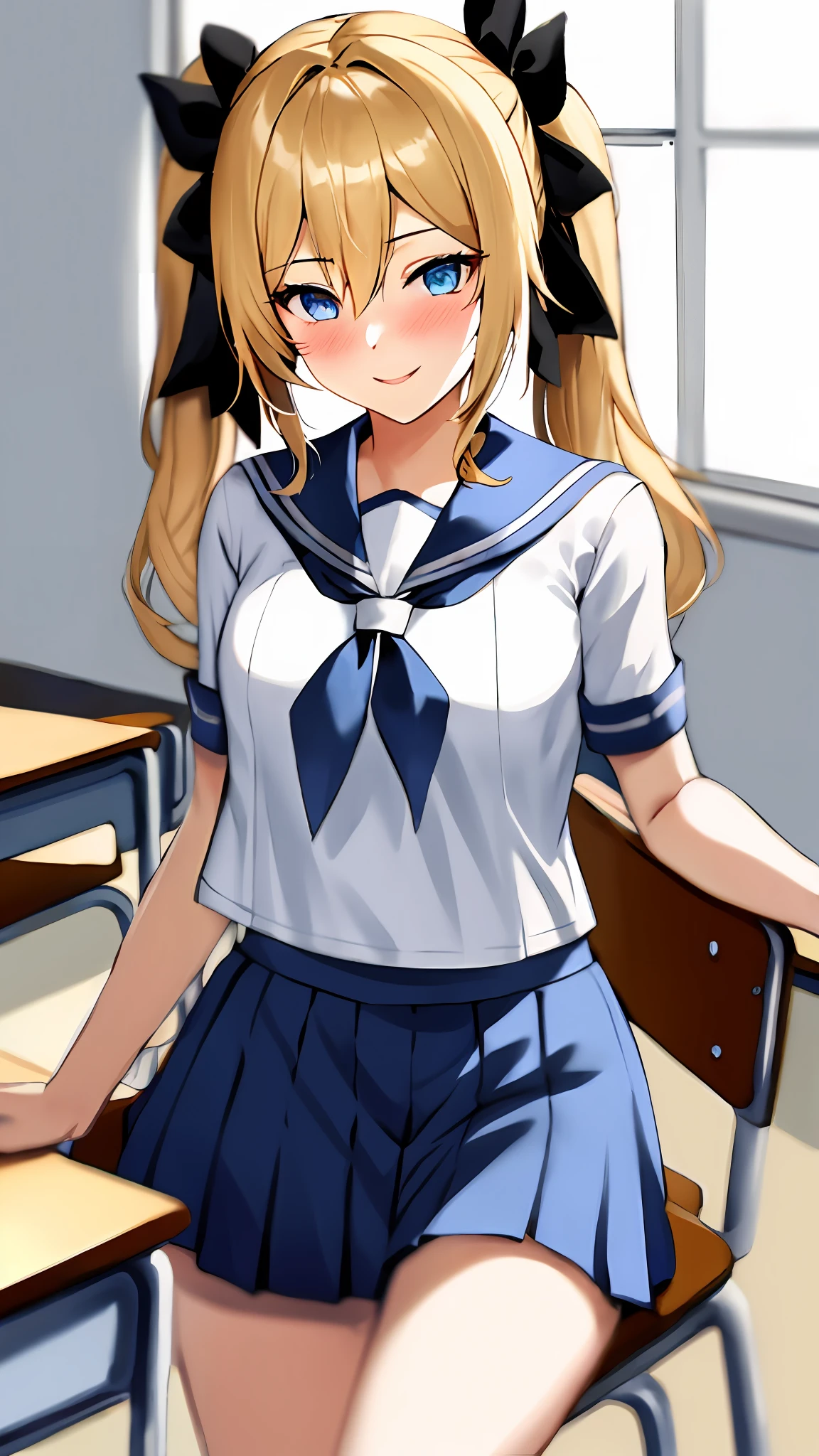 Jean, genshin impact, 1girl, solo, blue eyes, blonde hair, (twintail), smile, ((masterpiece)), highres, best quality, sailor uniform, serafuku, pleated skirt, face at viewer, look at viewer, school, indoor, desk, chair, classroom, stocking, blush, shy, sexy pose, short sleeve, blush, sexy pose, cowboy shot,
