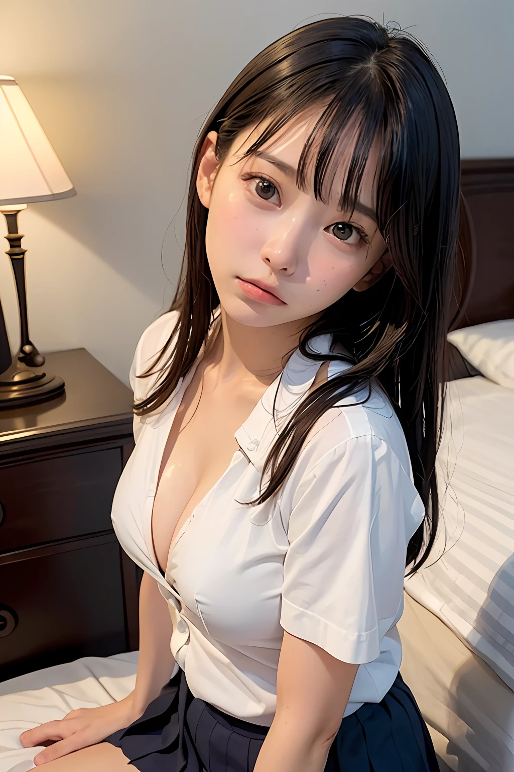 (masutepiece, Best Quality:1.4), (Open White Dress Shirt:1.3), White short sleeves, (Melancholy face:1.5), Close up face, a very cute、facing front、(a baby face、Junior Idol:1.3)sitting on a bed, Delicate girl, Bedroom, Looking at Viewer, violaceaess, gardeniass, 8K, 85mm Portrait, Official art, Raw photo, absurderes, Cinch West, Upper body, No makeup, ((small ????, cleavage of the ??????, small udder)), (face lights, Sharp Focus:0.8), (Navy pleated skirt:1.5), Simple background, Eyes and faces with detailed,(((hotel, darkened room, Bedrooms)))
