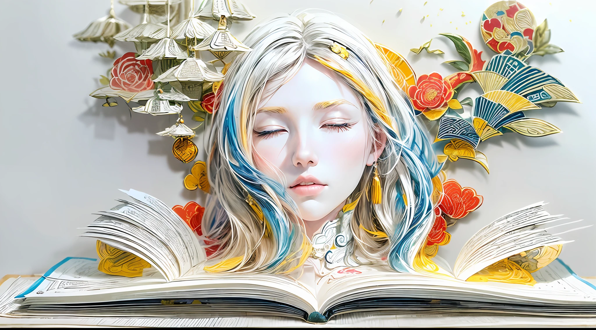 (popup book:1.5),(White background:1.4),(Silhouette of a Girl's Head, eyes closed, colorful long hair, Oriental elements)，(Chinese illustration:1.3，paper art:1.3, Quilted paper art:1.2),( reasonable design, Clear lines, High sharpness,best quality, Very detailed, masterpiece, official art, movie lighting effects, 4K )