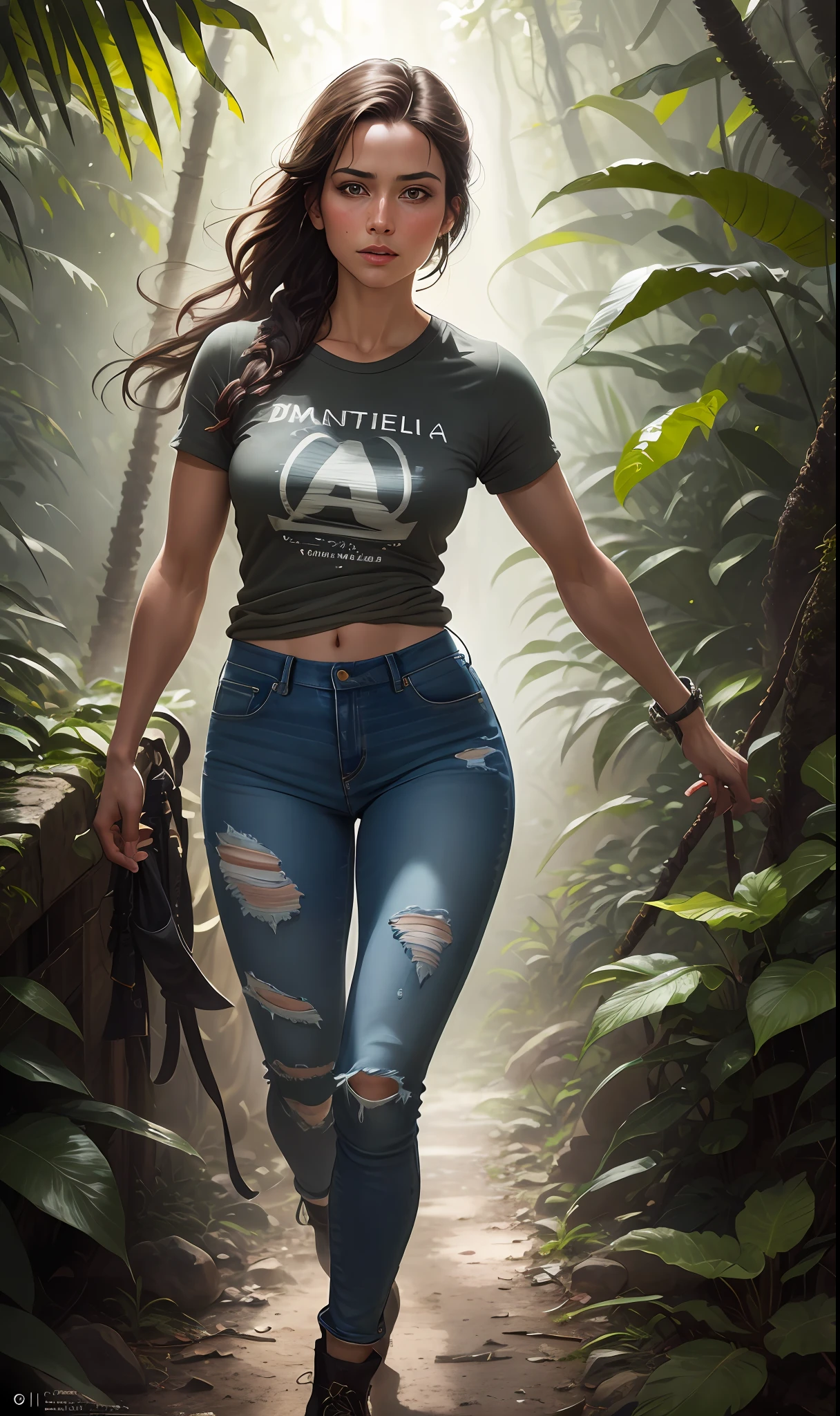 masterpiece, best quality, highres, Adventurous girl, front image, walking in the jungle, full body, (intricate details), HDR, (intricate details, hyperdetailed:1.2), cinematic plane, centered, a beautiful cinematic masterpiece portrait of Tirkish girl with black weavy hair as lara croft from tomb raider, covered in dirt, treasure hunter, ((white basic teeshirt, full length shirt, tight torn jeans)), with a complex jungle background with ancient jungle ruins, by gil elvgren, by frank frazetta, by greg rutkowski, trending on artstation, featured on pixiv, hyper detailed, beautiful studio lights, intricate elegant digital painting, cinematic composition, dramatic pose, smooth, sharp focus, (((professional photography))),dappled light, romantic, HDR, highly detailed, hasselblad, 8k, hyper realistic, eye level shot, f1.4 aperture, 8mm film grain, cinestill 800, by Jean Paul Gaultier and Jules Bastien-Lepage and Stella McCartney, (((professional photography))),dappled light, romantic, HDR, highly detailed, hasselblad, 8k, hyper realistic, eye level shot, f1.4 aperture, 8mm film grain, cinestill 800