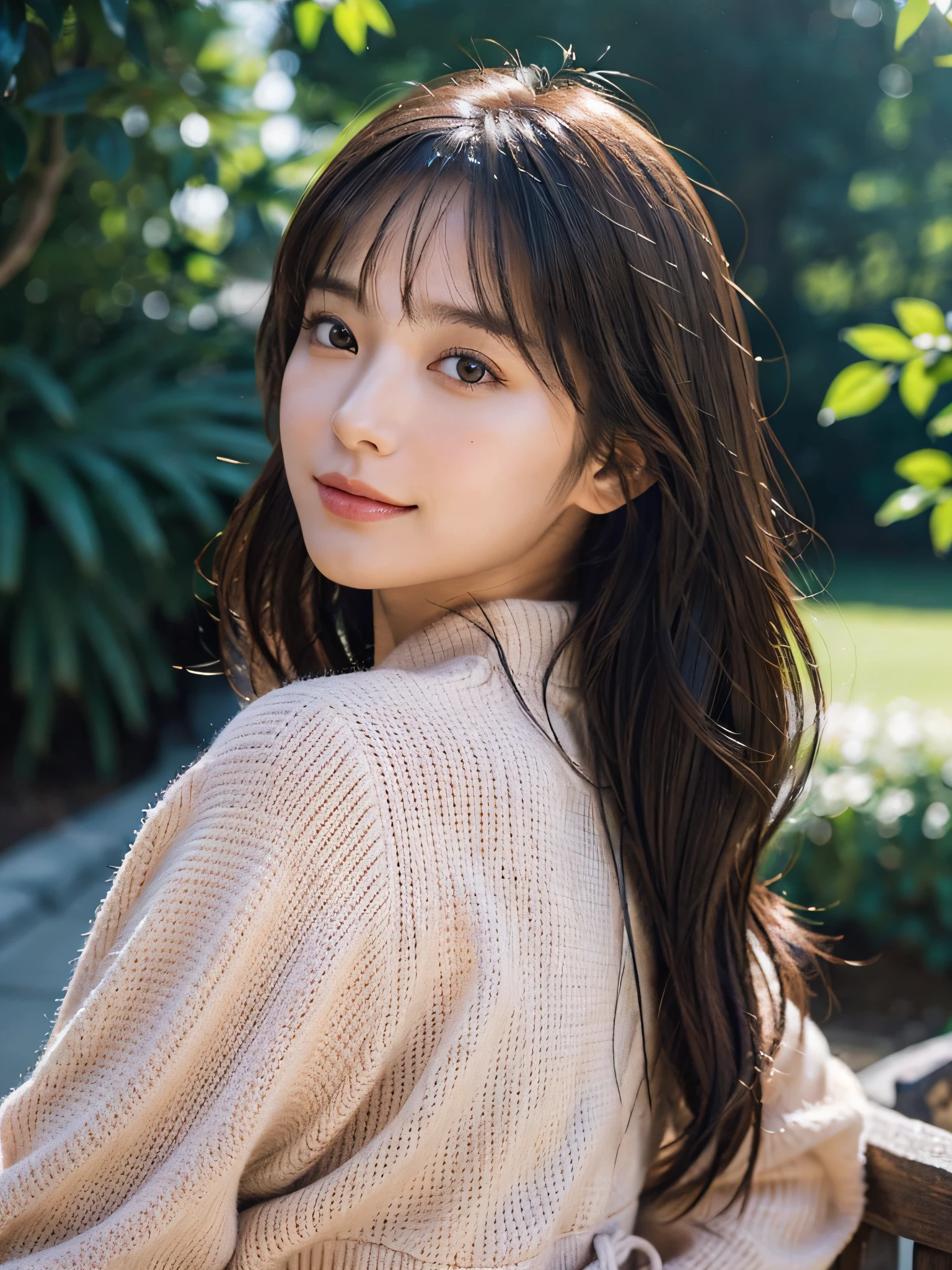 ((Best Quality:1.2, 8K, Sharp Focus, master piece: 1.2, natural Light, extremely details CG, beautiful Girl:1.2, reality, Detailed face textures, Realistic skin, beautiful makeup, Detailed bangs)), (depth of fields), Bokeh background, Head tilt, Smile, orange long hair, Cowboy Shot, (pink crop jacket), wind, looking away, from side,