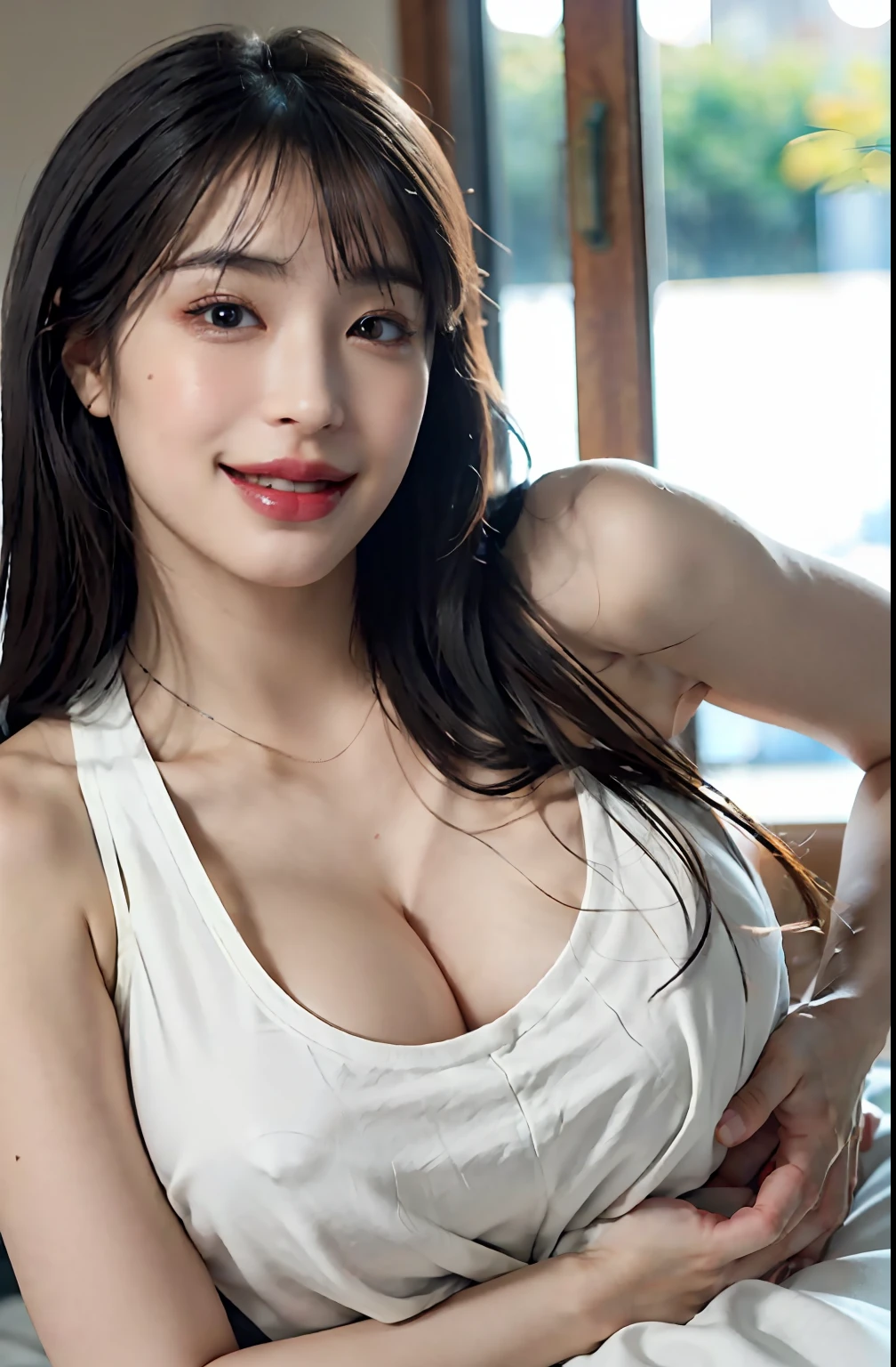 (A hyper-realistic), (illustratio), (hight resolution), (8K), (ighly detailed), (The best illustrations), (beatiful detailed eyes), (top-quality), (ultra-detailliert), (​masterpiece), (wall-paper), (详细的脸), a bed、Upper body close-up,Armpit, A smile,Plump,独奏,Girl in white tank top with open ?????, japanes, large full ???????, (camel's toe)、huge-breasted、Detailed, well-groomed white teeth、Ultimate Beauty、shot on the Canon EOS R 6、full of sweat、(beautiful detailed teeth)、Silver necklace、Park with sunshine、Perfect and beautiful female hands、Perfect tooth alignment、Perfect fingers、Navel dashi、Mansuji、Beautiful ????、