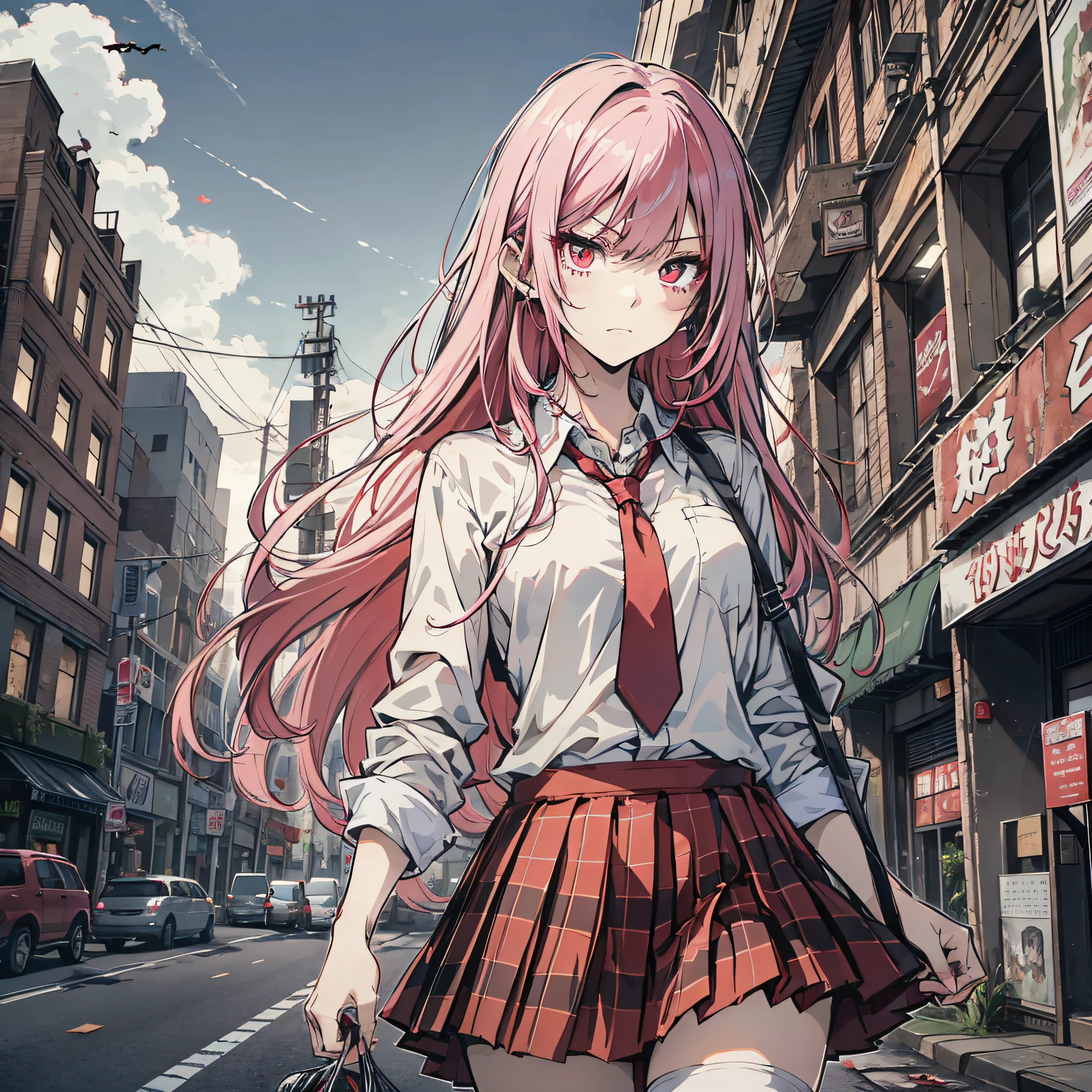 Ridiculous resolution，A high resolution，（tmasterpiece：1.4），Hyper-detailing，Pink Long Hair, 1girll, dual horsetail, Solo, red color eyes, Angry,  white necktie, Pleated plaid red skirt, school uniform, Zombie role-playing，supermarket，Zombie Doom，Zombie outbreak