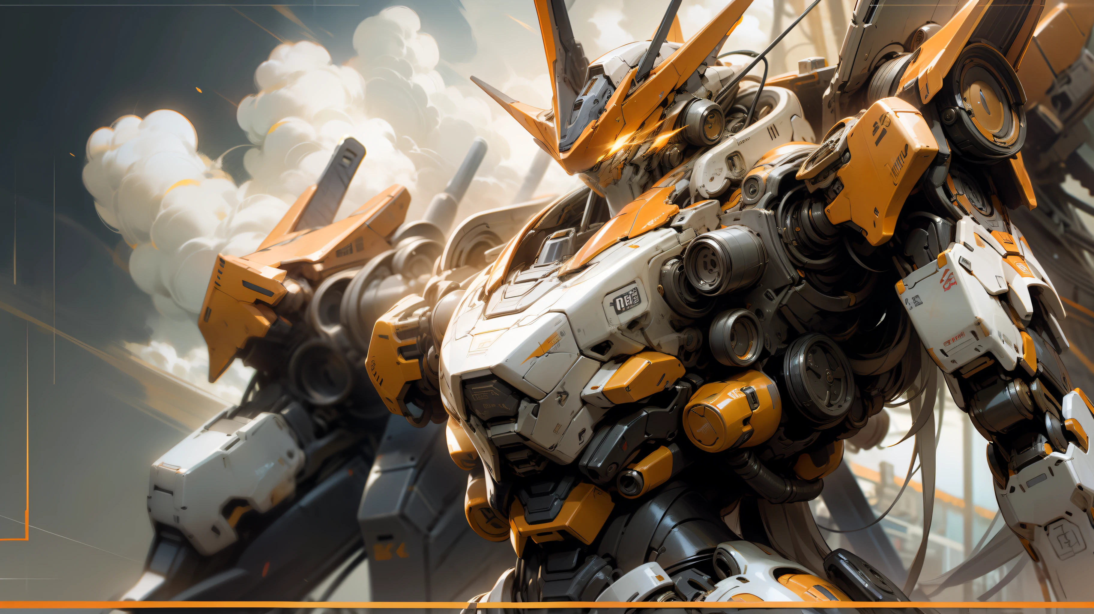 Skysky,clouds,Holding_arma,No_Humanity,with light glowing,,droid,buliding,Glowing_Eyes,Mecha,scientific fiction,城市,Realistis,Mecha Orange:dominant colors。 mechs:Poster theme,Represents the technology and power of the future。 Cool:Poster overall style,Emphasize visual impact and appeal。 Advanced illustration:Express the drawing style and artistic level of the poster。 detail-rich:Features of mecha models,Emphasis on detail and precise representation of human proportions。 Color matching:Orange is harmoniously combined with other colors,Enhance visual effects。 Texture:Texture and material representation of mech models,For example, Metallic texture、textured, etc。 Dynamic:Through effects such as poses and backlighting,Show the dynamics and combat atmosphere of the mech。 Background with:Choose a background that suits the mecha theme,Enhance visual effects。Mecha poster Orange and white color scheme Accurate human anatomy Rich detail depiction Rich and reasonable background Research and inspiration gathering Composition and sketching Body structure and detail design Highlights and shadows Color rendering Digital tools Background design Perspective and light effects Color combinations and brightness contrast Painting software Visual impact Final touches and adjustments