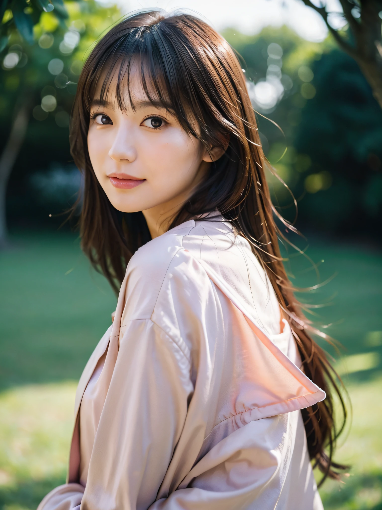((Best Quality:1.2, 8K, Sharp Focus, master piece: 1.2, natural Light, extremely details CG, beautiful Girl:1.2, reality, Detailed face textures, Realistic skin, beautiful makeup, Detailed bangs)), (depth of fields), Bokeh background, Head tilt, Smile, orange long hair, Cowboy Shot, (pink crop jacket), wind, looking away, from side,