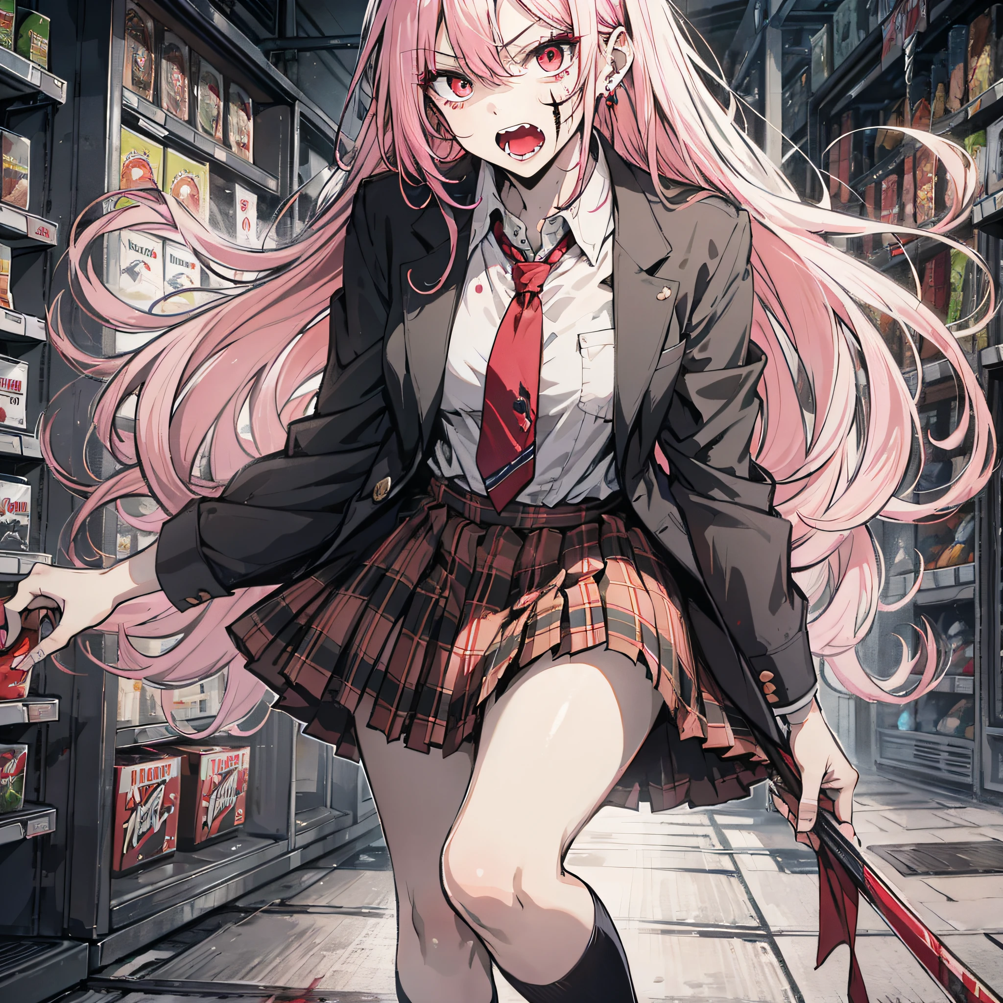 Ridiculous resolution，A high resolution，（tmasterpiece：1.4），Hyper-detailing，Pink Long Hair, 1girll, dual horsetail, Solo, red color eyes, Angry,  white necktie, Pleated plaid red skirt, school uniform, Zombie role-playing，supermarket，Zombie Doom，Zombie outbreak