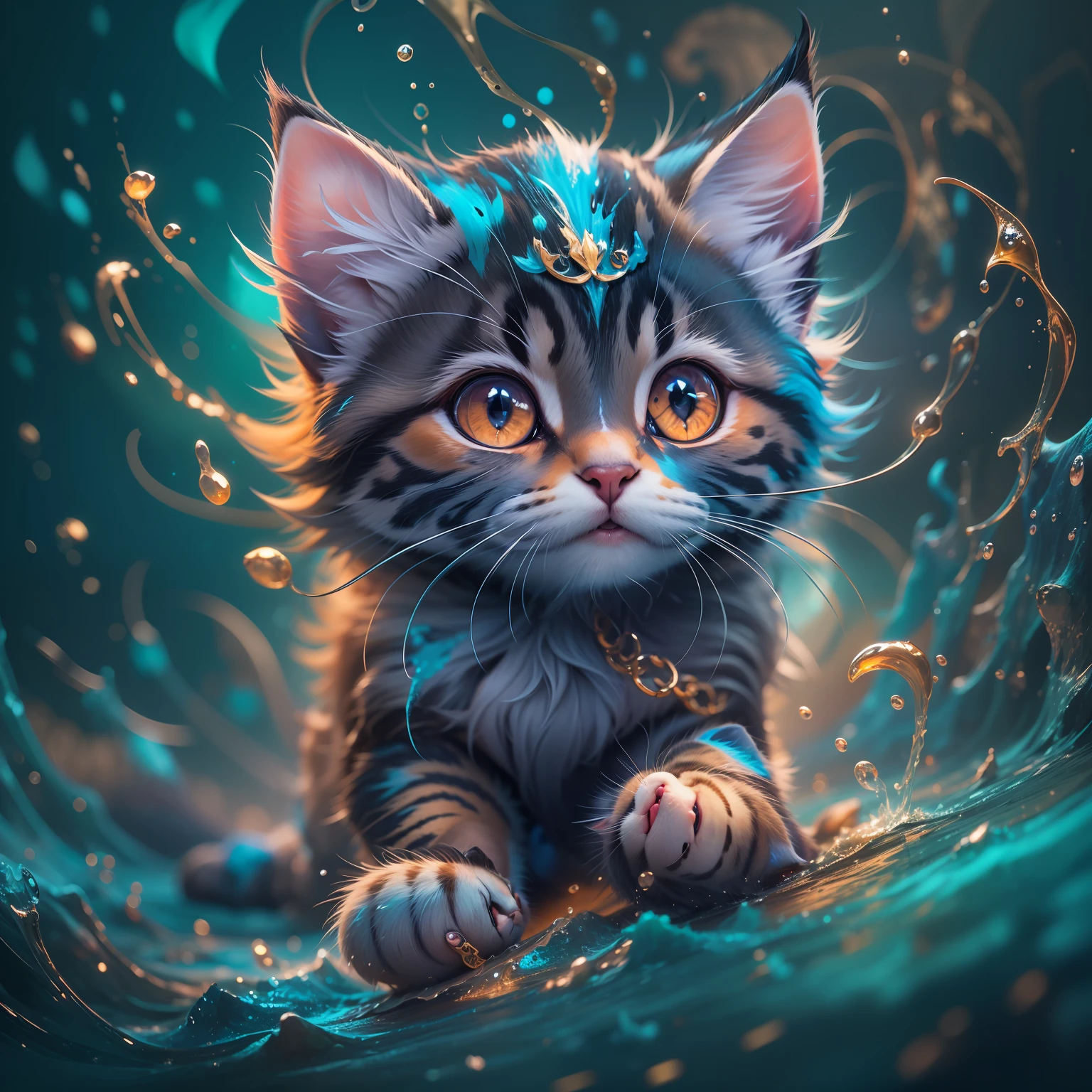 splash art, a liquid cute kitten made of colours, hyperdetailed intricately detailed, fantastical, intriciate detail, complementary colours, Fantasy, Concept Art, in 8k resolution, moonlit glow