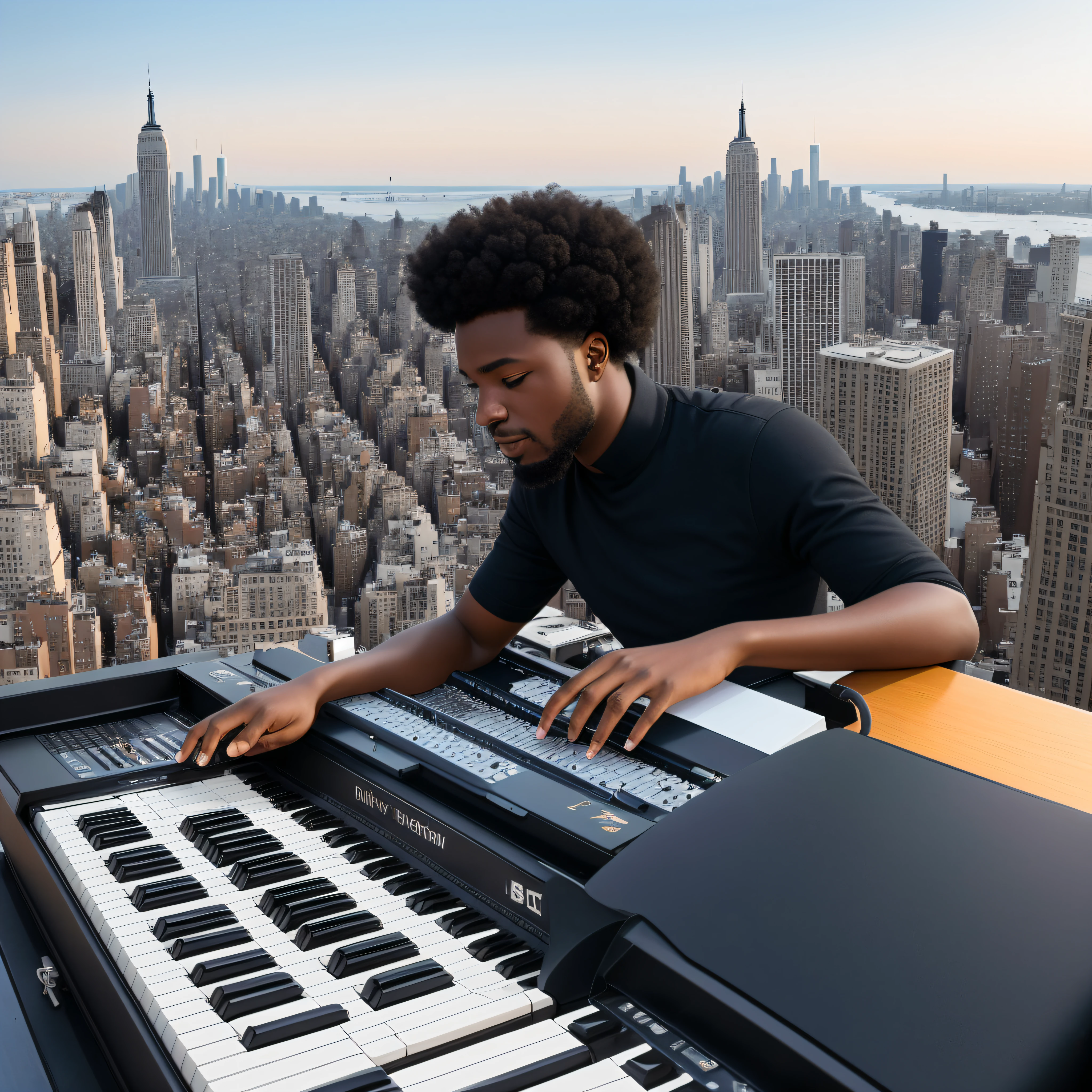 Il y a un homme qui joue du clavier sur un toit, keyboardist, New York, musicien, Manhattan, album artwork, couple Otto Baditz, Big open city", Dirk Dzimirsky, portrait!!!!, Brooklyn, with a city in the background, Mpc, Harlem, Ville de New York, pianiste, sur un toit, Afro futurisme