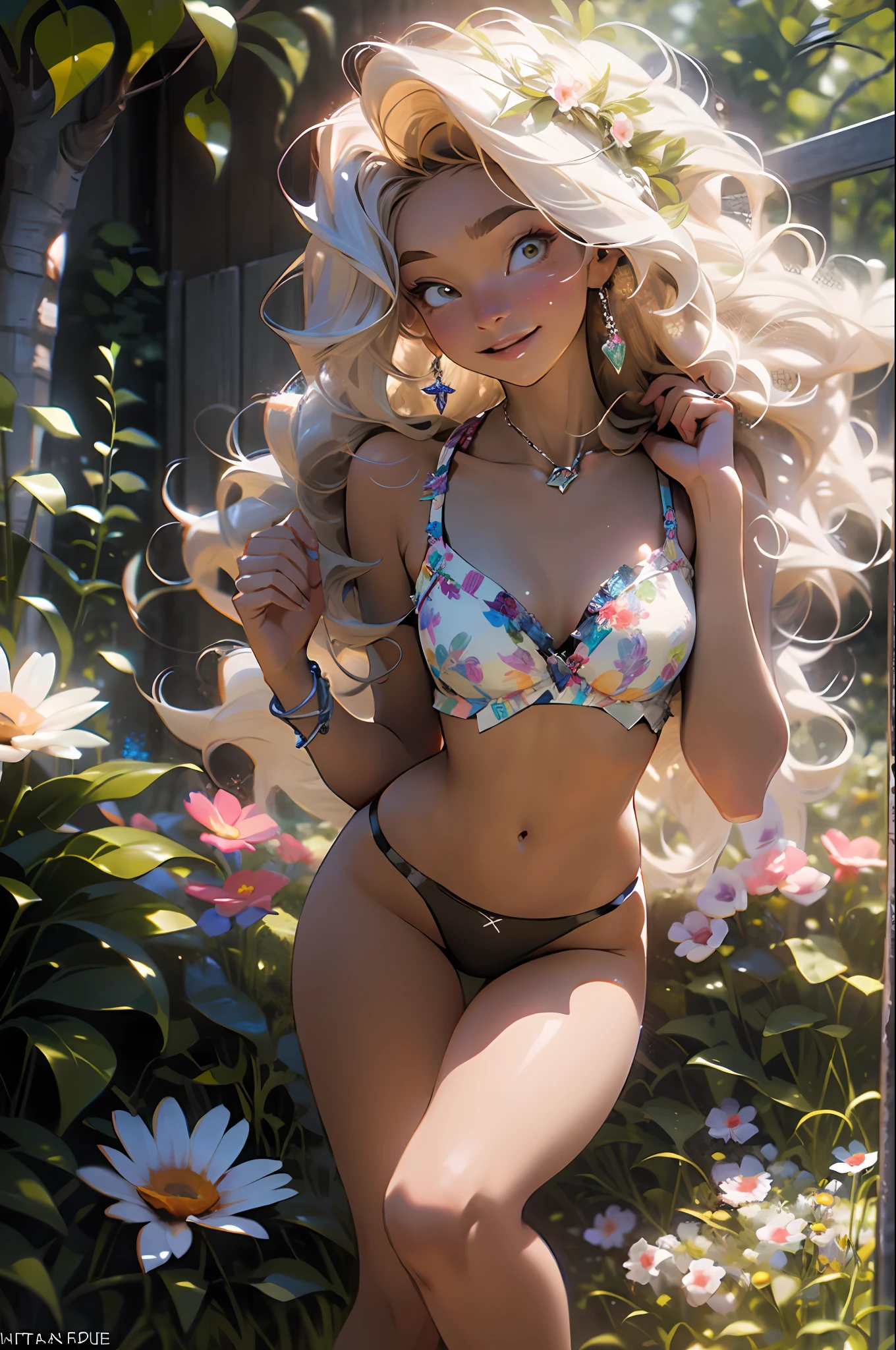 melancholy lighting, quiet, calm, brightness, masterpiece, best quality, 1girl, (JinxLol:1.2), (ultra photorealistic:1.3), (masterpiece:1.4), best quality, ((realistic)), high quality, ultra detailed, ((Real image)), ((realistic skin)), ((realistic face)),(illustration:1.05), (beautiful:1.05), (beautiful detailed eyes:1.05), (cinematic light:1.1), Full body, precise proportions, 18-year-old girl, skinny model lying on the grass, surrounding garden, tree shadow, VERMEHO hair fluttering in the wind, tulle, long legs, feet slightly open, buttocks, blush, shyness, collarbone, abdominals, double weave, beautiful and delicate face, fair skin, real skin, (face detail), pores, super high resolution, 8k, parameters Best quality, masterpiece, super high resolution, (Realistic 2.0), More details, detailed skin, transparent panties, wide smile, white teeth, voluminous red hair, perfect and well designed eyes, girlfriend, beautiful, beautiful, flowers, studio lighting
