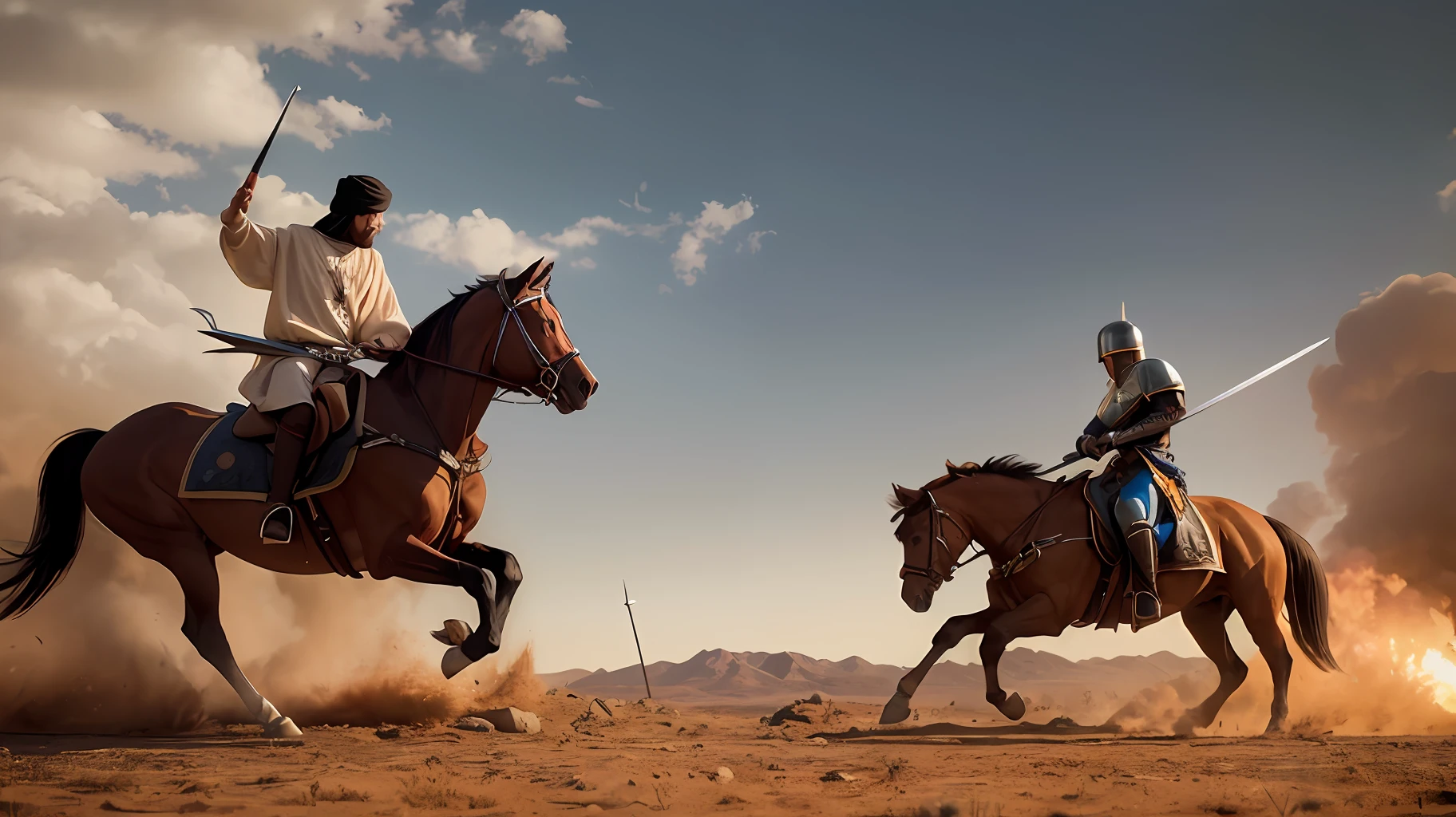 The Past with a Enchanting Visual Journey. Feast your eyes on a majestic backdrop adorned with ancient shields and swords, evoking the spirit of bygone eras. At the heart of this captivating image, watch this brief illustration of the two battles of Badr and Khanwa." --auto