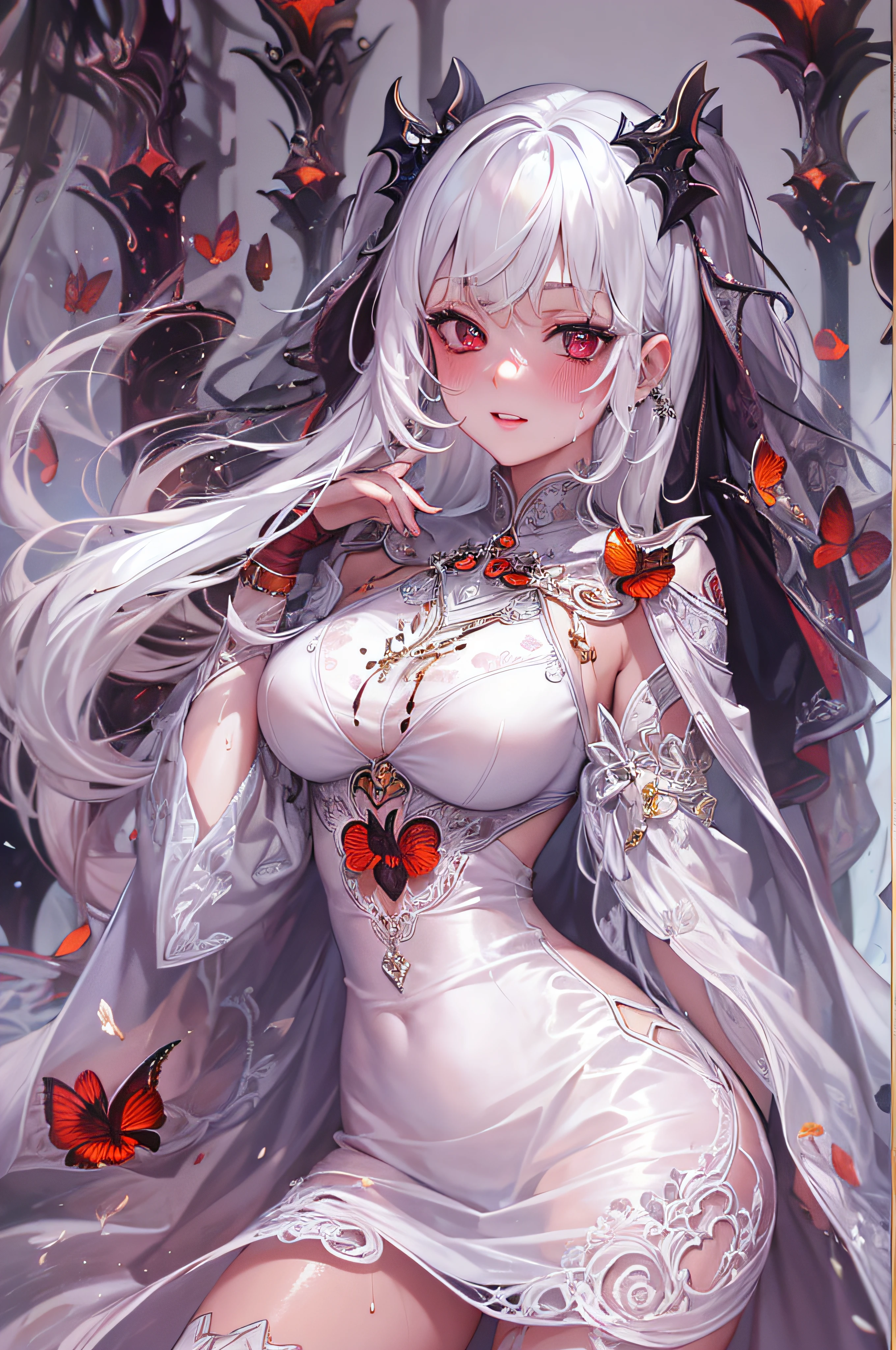 (masterpiece, top quality, best quality, official art, beautiful and aesthetic:1.2), (1girl:1.3), (fractal art:1.3),absurd, masterpiece, best quality, realistic, hyper-detailed, (shiny skin, sweaty:1.4), looking at viewer, slender, 1girl, solo, white sneakers, white miniskirt, straight long hair, princess cut, white hair, red eyes, (thick thighs:0.5), dynamic lighting, high resolution, sharp focus, depth of field, medium breasts, side boob, vampire, masterpiece, best quality, ultra-detailed, illustration, ultra-detailed face, best quality face, evil, 18 years old, adult, 1girl, 18 years old, white hair, alchemy outfit, intricate detailed outfit, sexy pose, glowing red dress, cute, kawaii, digital art, finely detailed eyes, blushing, red cheeks