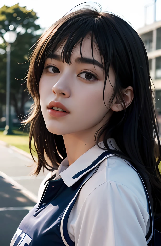 (8k, Best Quality, Masterpiece: 1.2), (Realistic, Photorealistic: 1.37), Super Detailed, Best Quality, Super High Resolution, Professional Lighting, Photon Mapping, Radiosity, Physically Based Rendering, Cinematic Lighting , basketball court, depth of field, focus, sun rays, good composition, (bokeh: 1.2), 1 girl, (whole body), (closed mouth), beautiful eyes, pose, constriction, basketball uniform, black hair , messy hair, long hair blowing in the wind,(ulzzang-6500:1.2) mix4, hiqcgbody