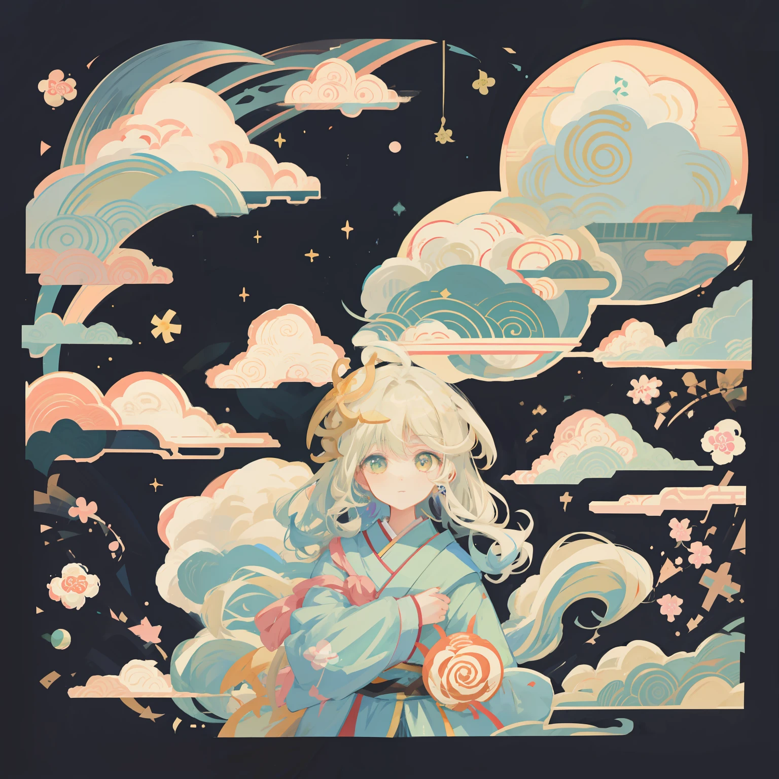 whaite hair，girl clouds, cloud goddess, Anime style illustration, Anime Cloud, in the art style of ukiyo - e, anime graphic illustration, Anime fantasy illustration, anime illustration, anime girl with cosmic hair, dreamlike illustration, dreamy psychedelic anime, lofi-girl, A beautiful artwork illustration