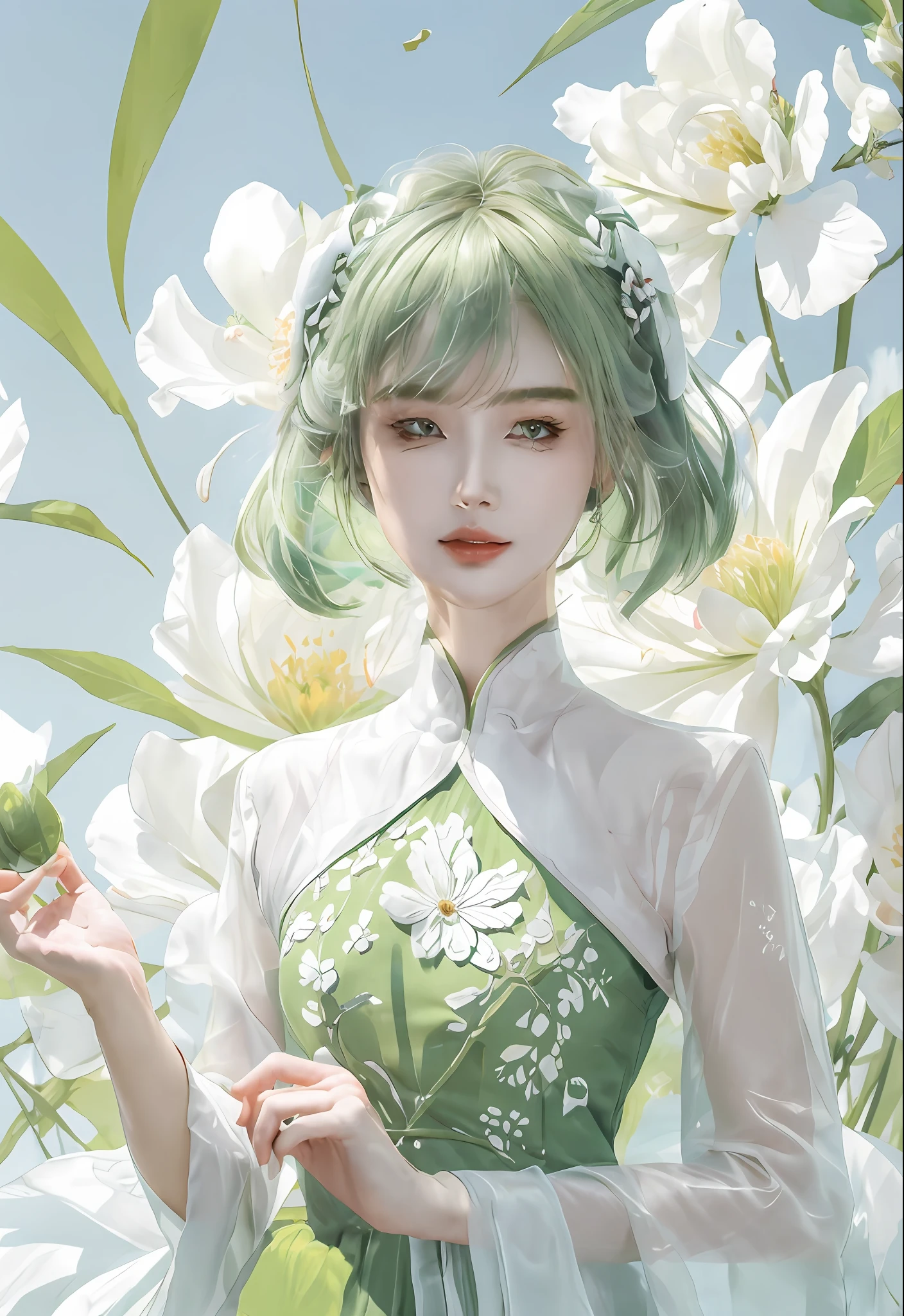 There is a woman in a green dress holding a green apple, ray tracing, {best quality}, {{masterpiece}}, extremely detailed 8K wallpaper, {an extremely delicate and beautiful}, colorful, intricately detailed, realistic , (detailed depiction of clothes), cold white skin, (detailed depiction of blush), 1080p, sun, soft cuteness, short hair, smooth light silver hair, messy beauty, lighting, broken feeling, bright and silky skin, 3D three-dimensional sense, Masterpiece, best quality, illustration super fine, beautiful eyes, very fine light, fine glow, very fine 8K CG wallpaper, peach eyes, red pupils, an extremely delicate and beautiful girl, 8k wallpaper, best quality , noon, upper body close-up, white long skirt, luxurious silky bright red chiffon floodlight (magic, glitter, ultra-thin, soft,) Hanfu