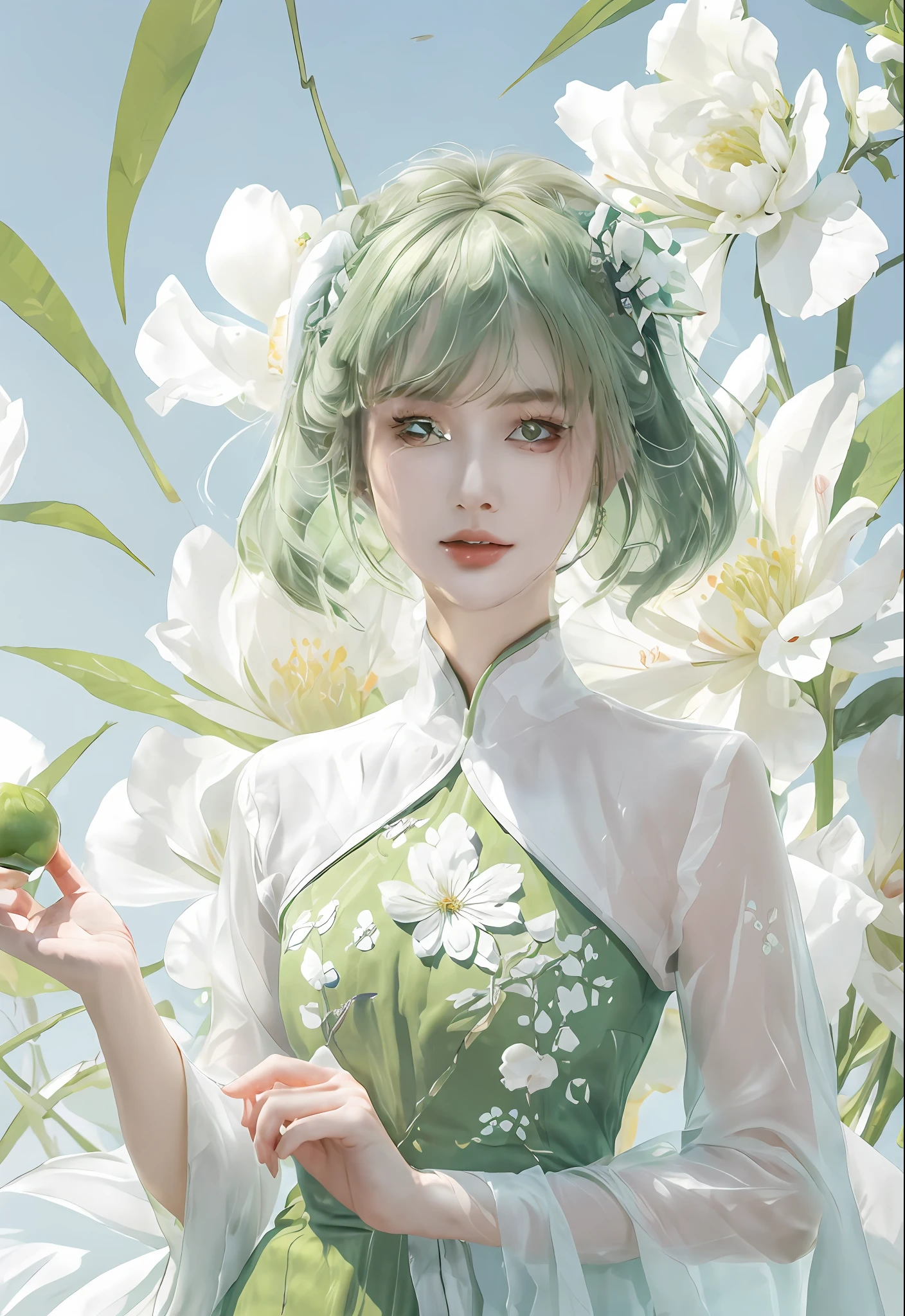 There is a woman in a green dress holding a green apple, ray tracing, {best quality}, {{masterpiece}}, extremely detailed 8K wallpaper, {an extremely delicate and beautiful}, colorful, intricately detailed, realistic , (detailed depiction of clothes), cold white skin, (detailed depiction of blush), 1080p, sun, soft cuteness, short hair, smooth light silver hair, messy beauty, lighting, broken feeling, bright and silky skin, 3D three-dimensional sense, Masterpiece, best quality, illustration super fine, beautiful eyes, very fine light, fine glow, very fine 8K CG wallpaper, peach eyes, red pupils, an extremely delicate and beautiful girl, 8k wallpaper, best quality , noon, upper body close-up, white long skirt, luxurious silky bright red chiffon floodlight (magic, glitter, ultra-thin, soft,) Hanfu