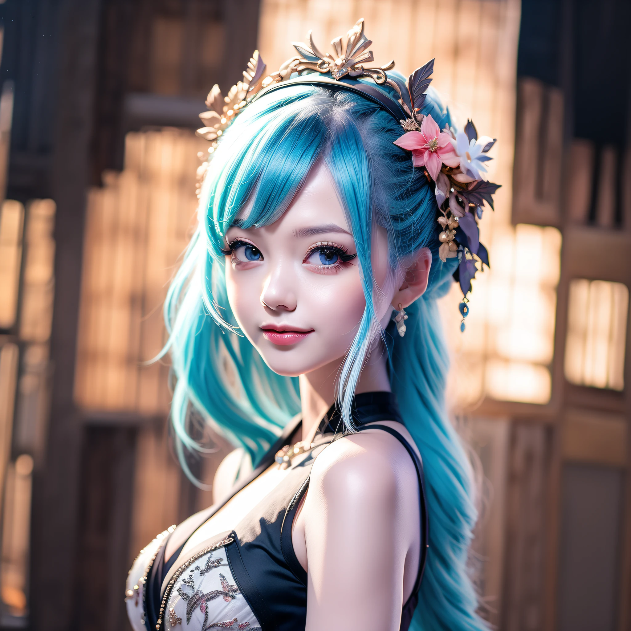 flower on head, musical note hair ornament, nervous smile, light blue hair, ray tracing, 8k, super detail, ccurate, best quality, UHD, highres, masterpiece