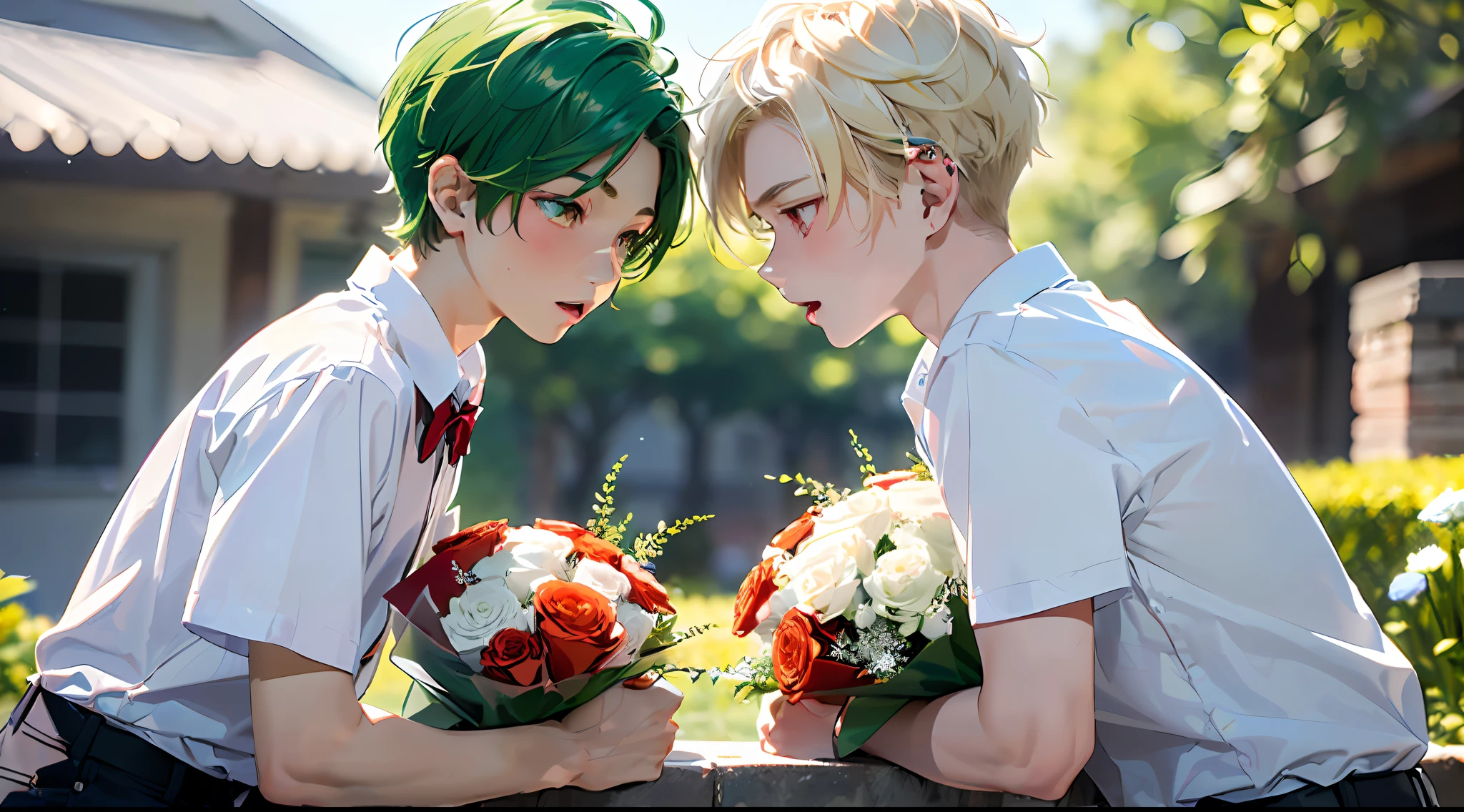 (top-quality:1.4、8K)、(17-year-old gay couple facing each other:1.3)、(Cool Boy、Blonde spiked hair with red eyes and white shirt:1.2)、(Cute Boy、Short green hair and big eyes:1.2)、(Have a bouquet:1.4)、White shirt with short sleeves、校服、School Background、