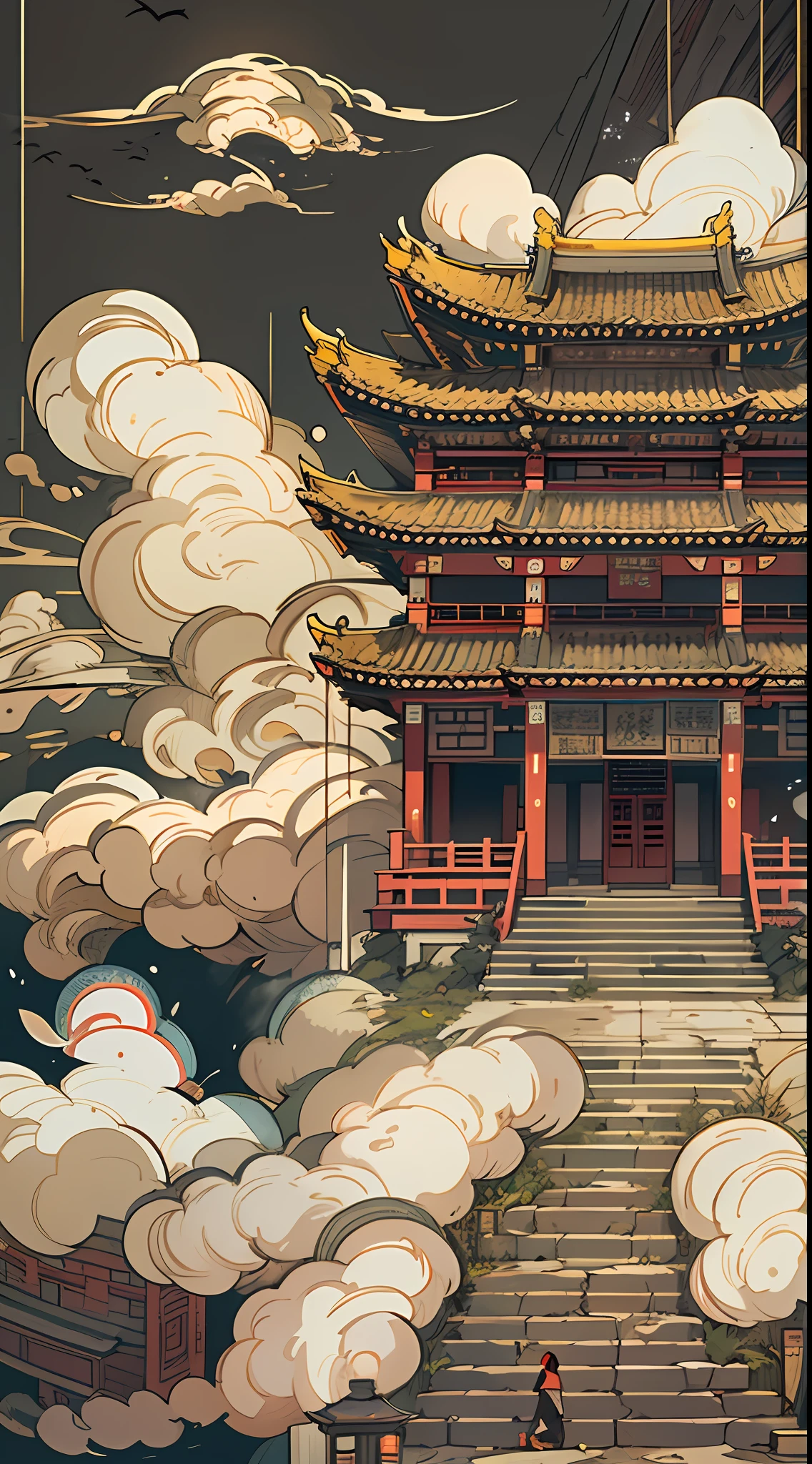 a picture of an asian building with a smoke coming from it, in the style of 2d game art, dark white and light gold, chinapunk, functionality emphasis, faith-inspired art, animated action, historical themes