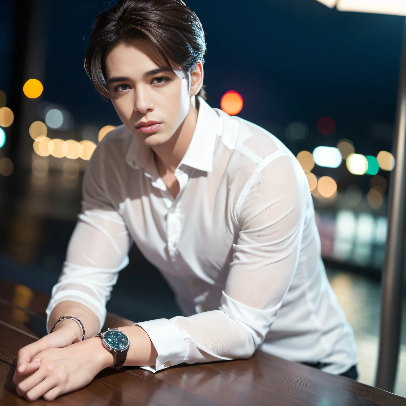Casual pose, (extremely delicate and beautiful work), (masterpiece), 1boy, overbearing president, white shirt, high detail, suit, watch, cold expression, clear eyes, simple bokeh background, extreme detail depiction, handsome and compelling, super fine painting, delicate face, fine mix4, (8k, RAW photo, best quality, masterpiece: 1.2), (realistic, realistic: 1.37), 1boy, handsome, cityscape, (((night))), rain, wet, professional lighting, photon mapping, radiosity, physically-based rendering,